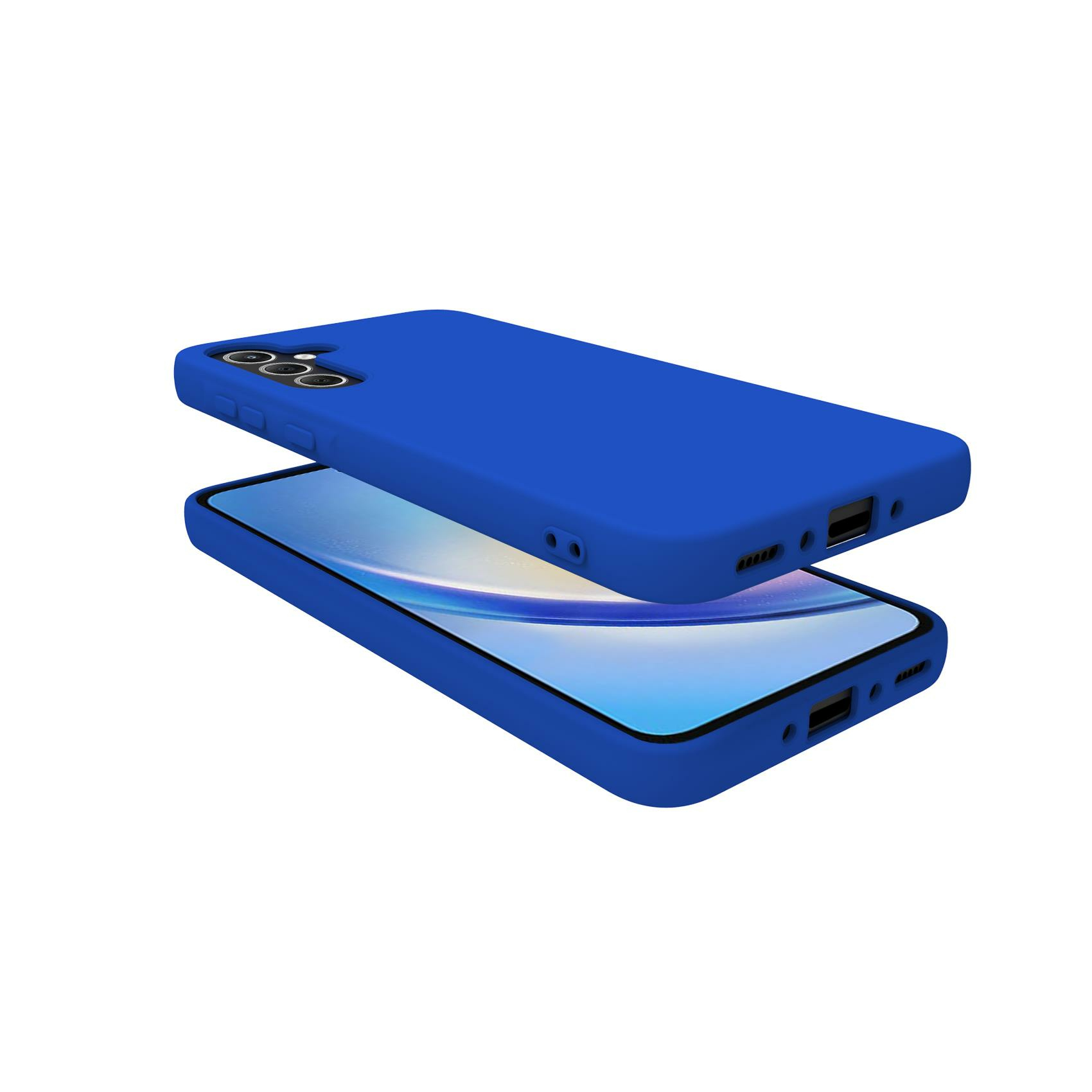 Due telefoni, uno sopra l'altro, con custodie blu. Schermo del telefono inferiore visibile.