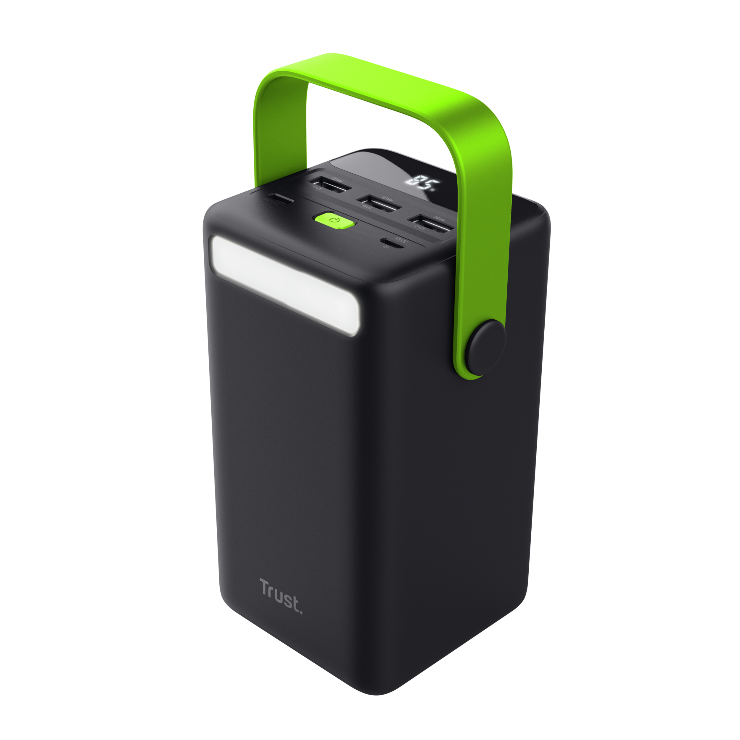 Schwarze Powerbank mit grünem Griff und Licht, Display zeigt 85 %. Trust-Logo sichtbar.
