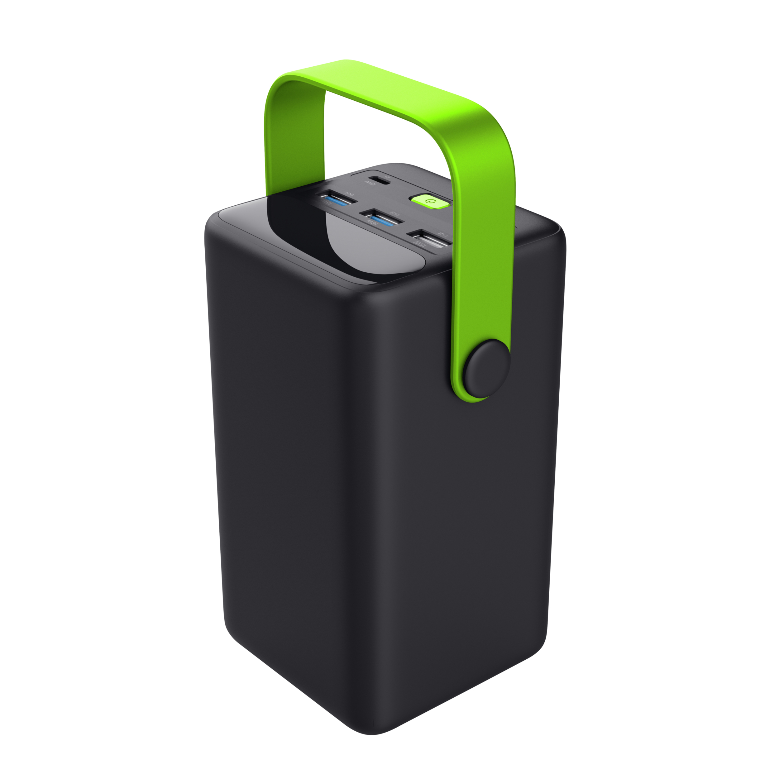 Schwarze Powerbank mit grünem Griff. Sie hat mehrere Anschlüsse oben und einen grünen Knopf.