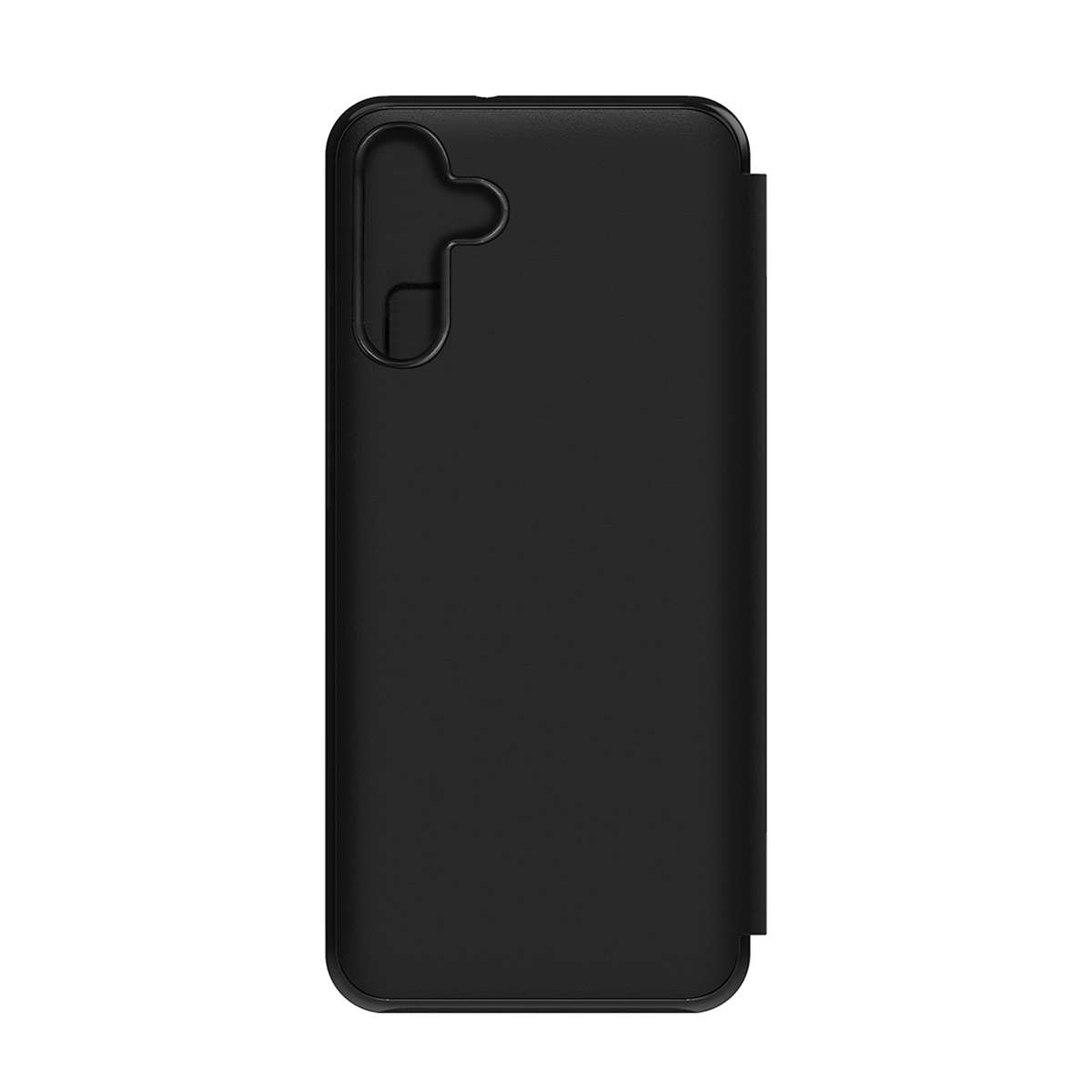 Funda negra para smartphone con protector de pantalla plegable. El fondo es blanco.