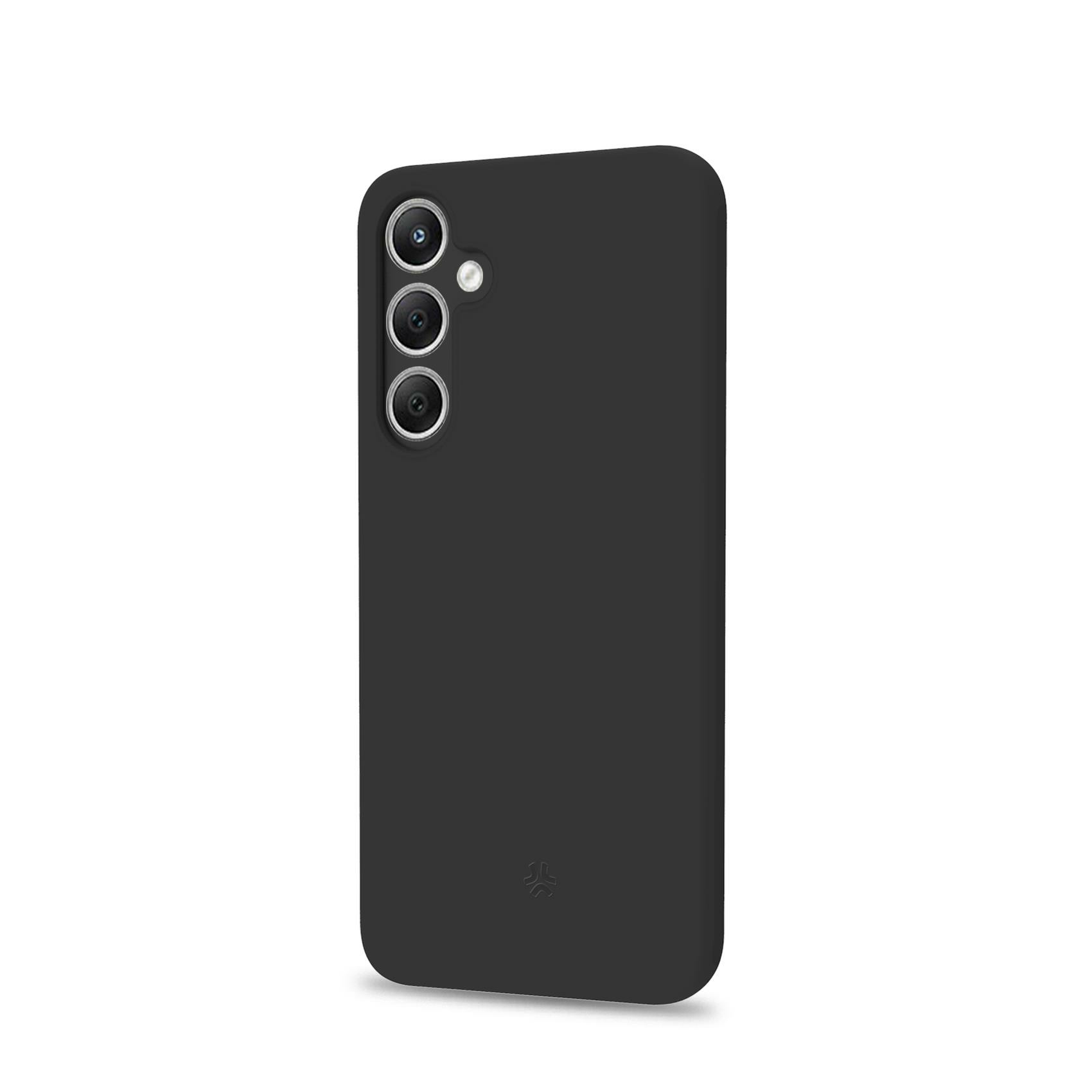 Custodia per smartphone nera con tre obiettivi della fotocamera. Lo sfondo è bianco.