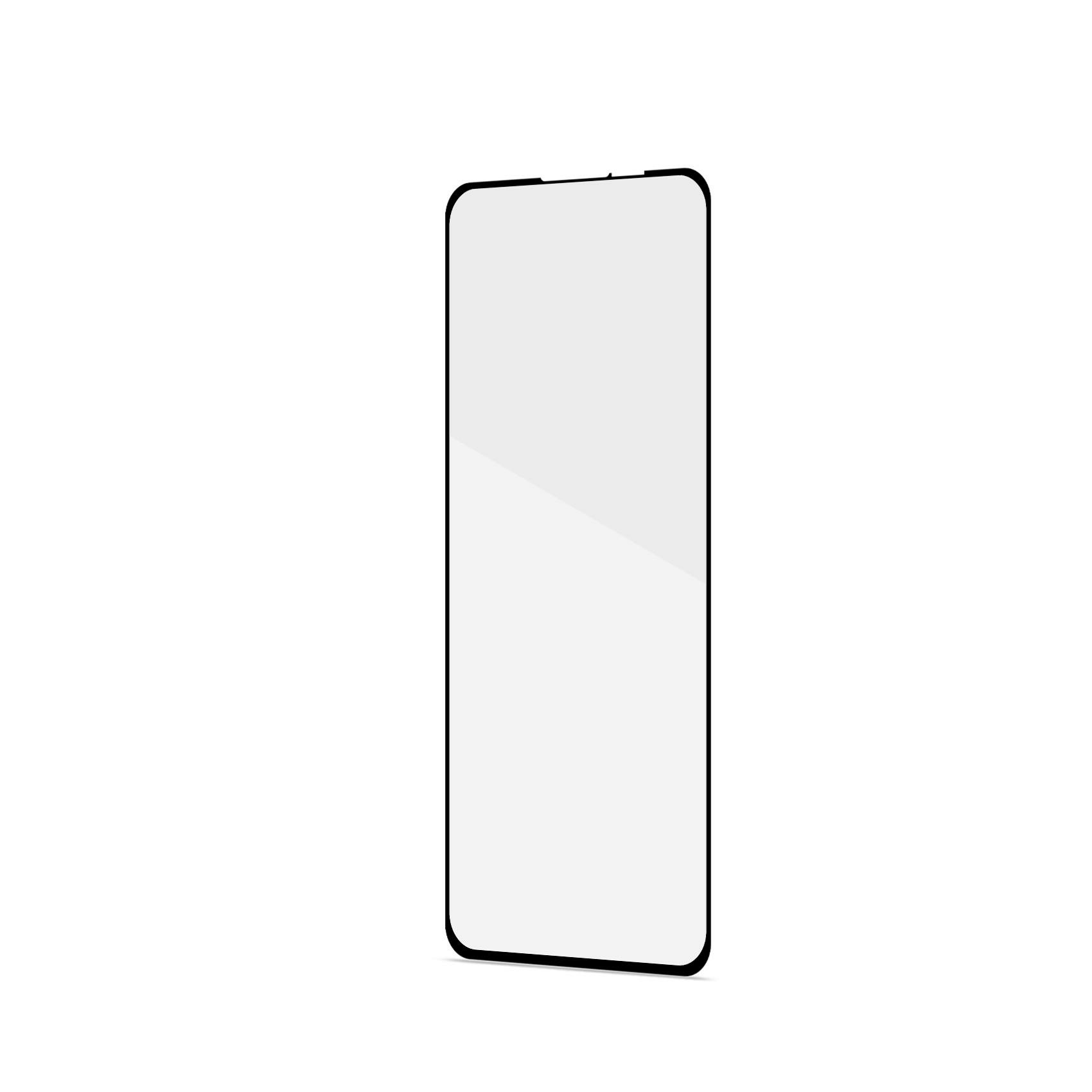Pellicola protettiva per schermo per smartphone con cornice nera. Lo schermo è trasparente e lo sfondo è bianco.