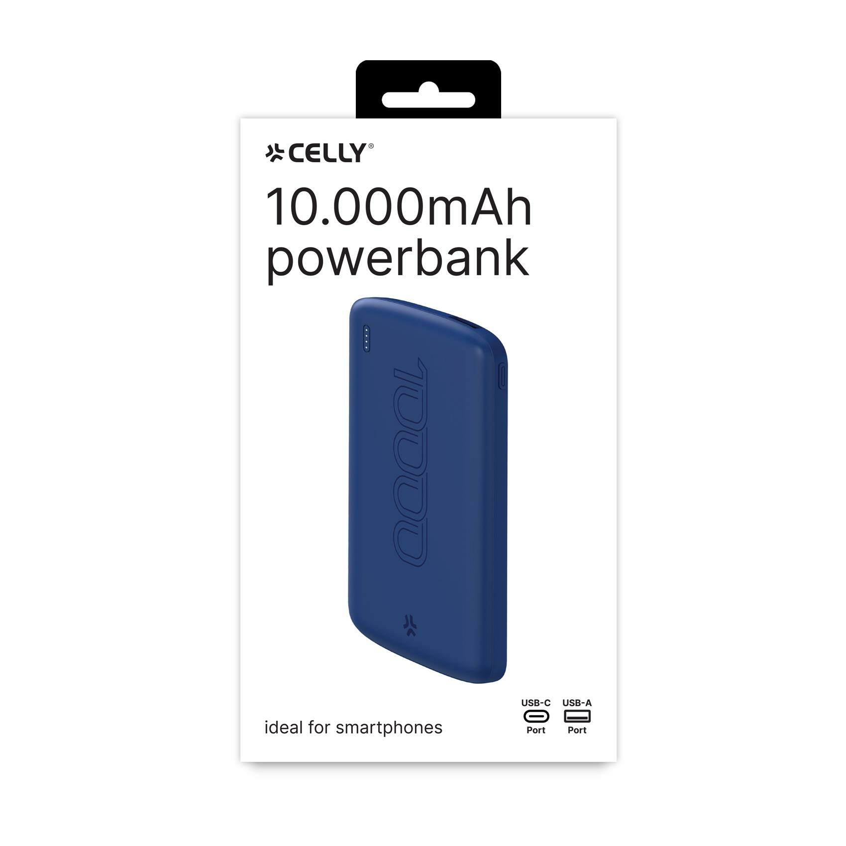 Power bank in una scatola. La scatola è bianca con un power bank blu all'interno. Il marchio è Celly.