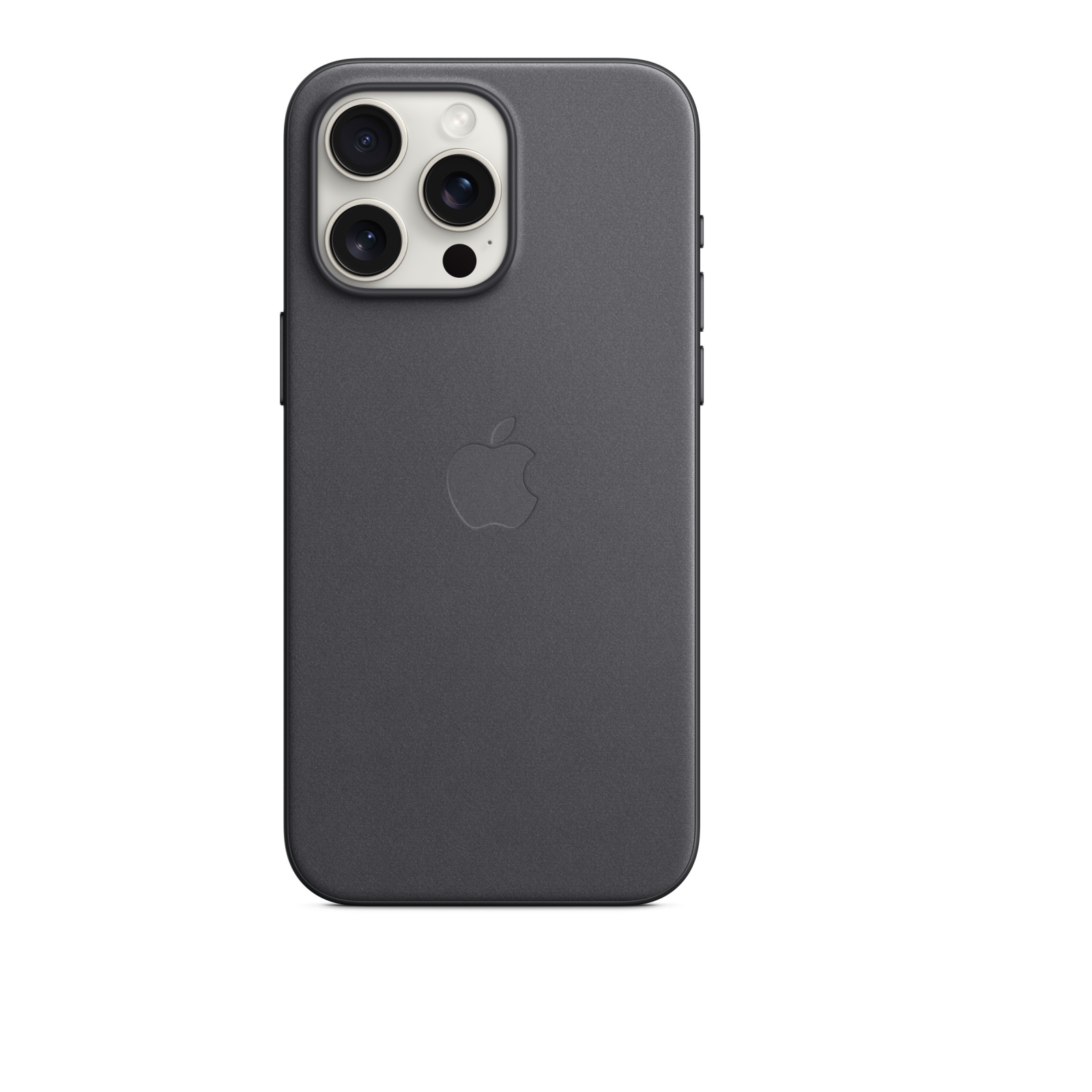 Een donkergrijze telefoonhoes met cameralenzen en een Apple-logo, tegen een witte achtergrond.