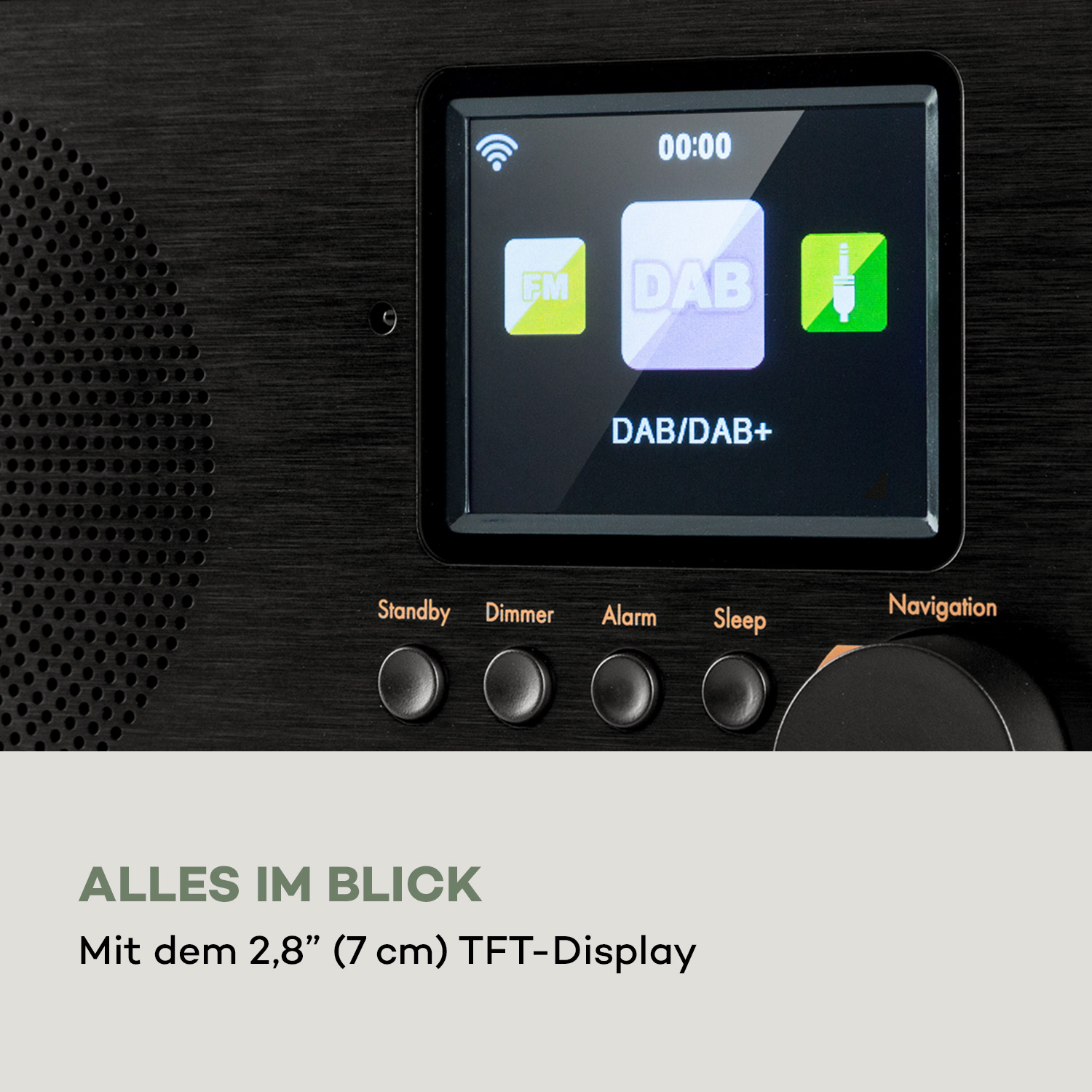 Nahaufnahme eines Digitalradio-Bildschirms. Zeigt FM-, DAB- und DAB+-Optionen. Buttons darunter: Standby, Dimmer, Alarm usw.