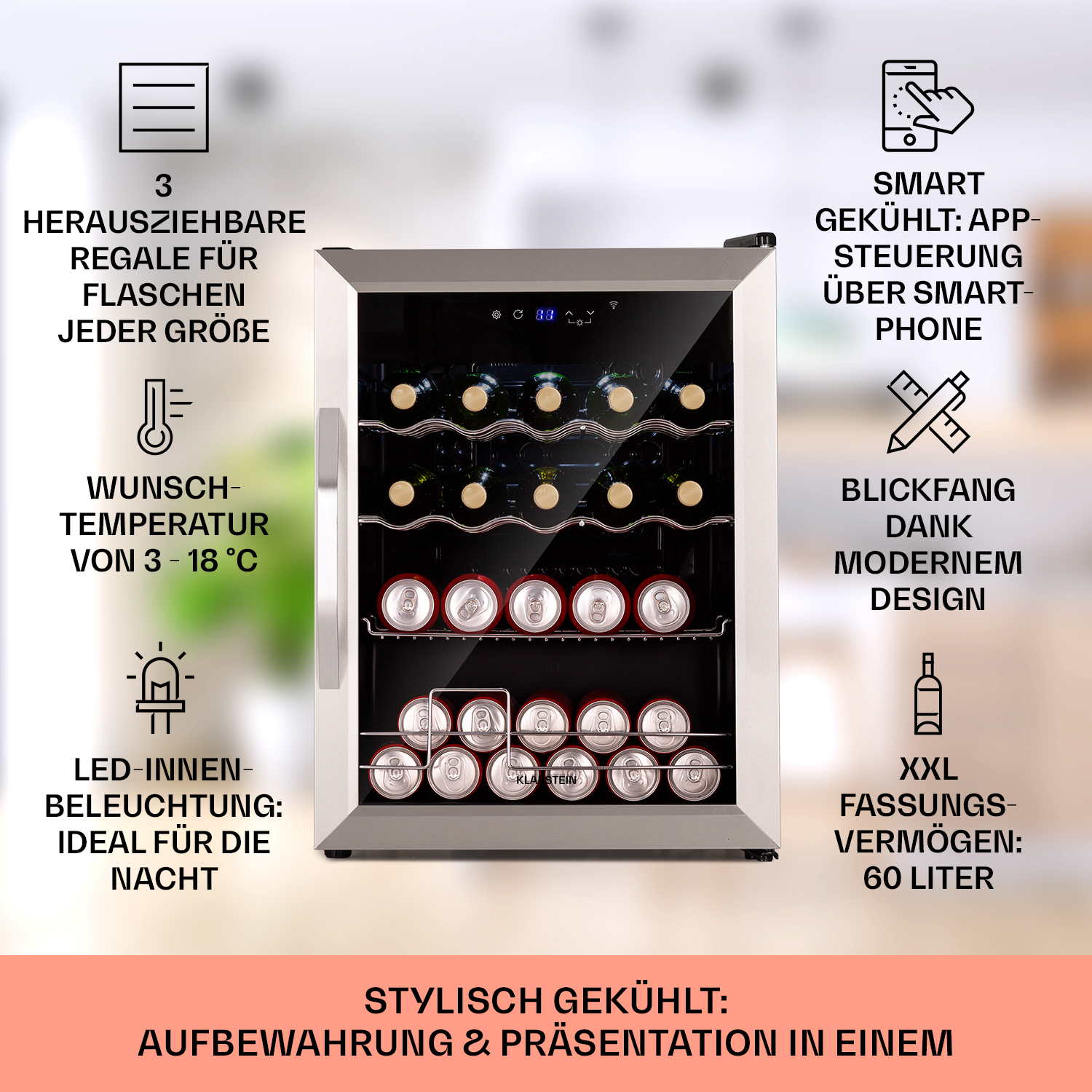 Weinkühler aus Edelstahl mit Weinflaschen und Dosen. Intelligente Steuerung und LED-Beleuchtung.