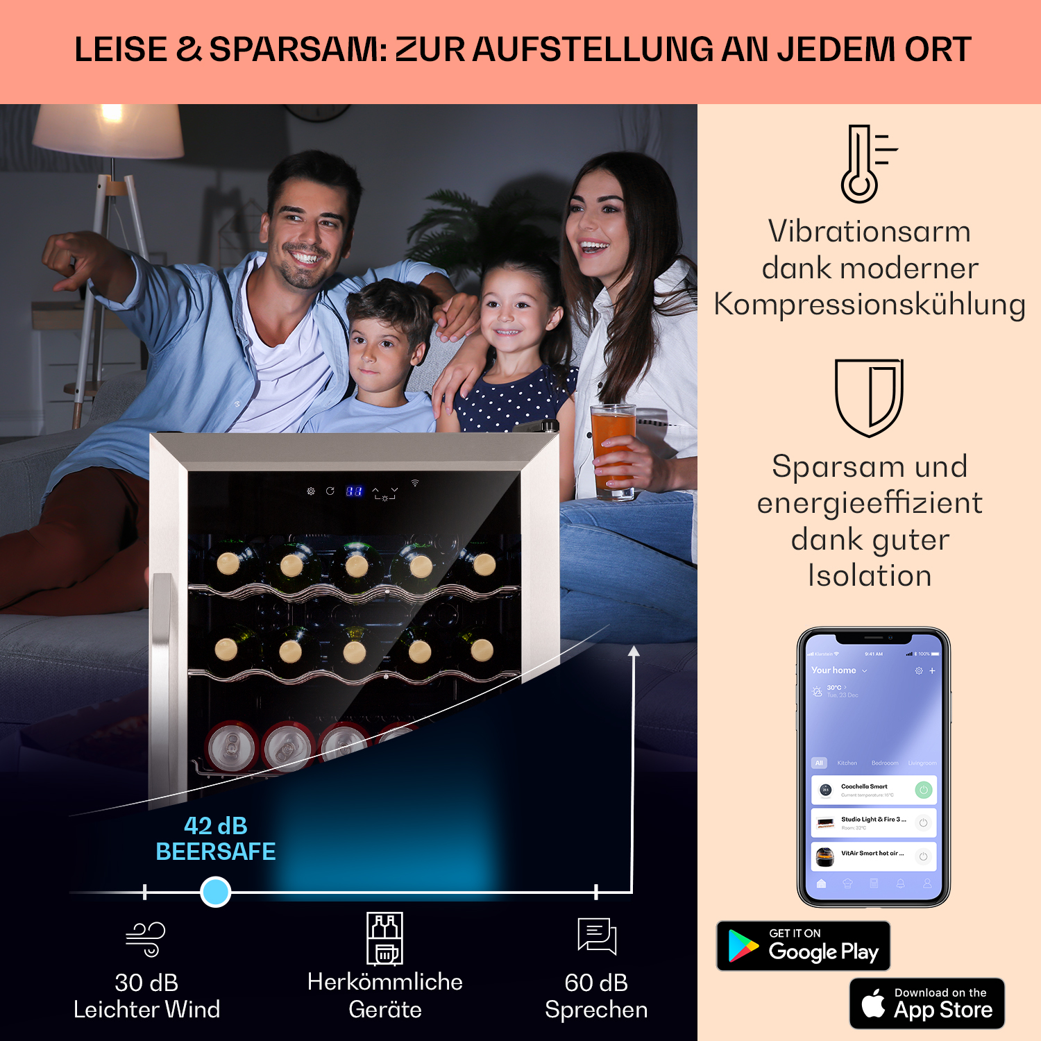 Weinkühler mit einer Familie beim Fernsehen. Kühler hat Wein und Dosen. App-Download-Symbole sichtbar.