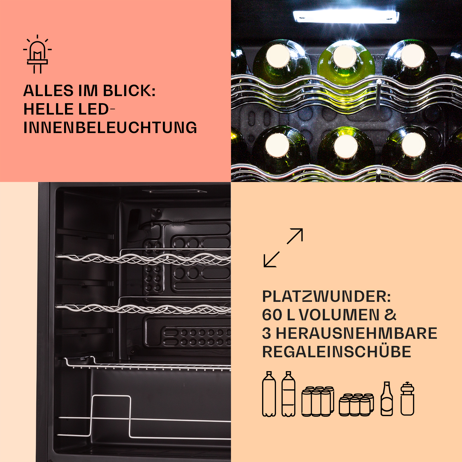 Weinkühlschrank, Innenansicht. Zeigt Flaschen, Regale und LED-Beleuchtung. Text sagt 'Helle LED-Innenbeleuchtung'.