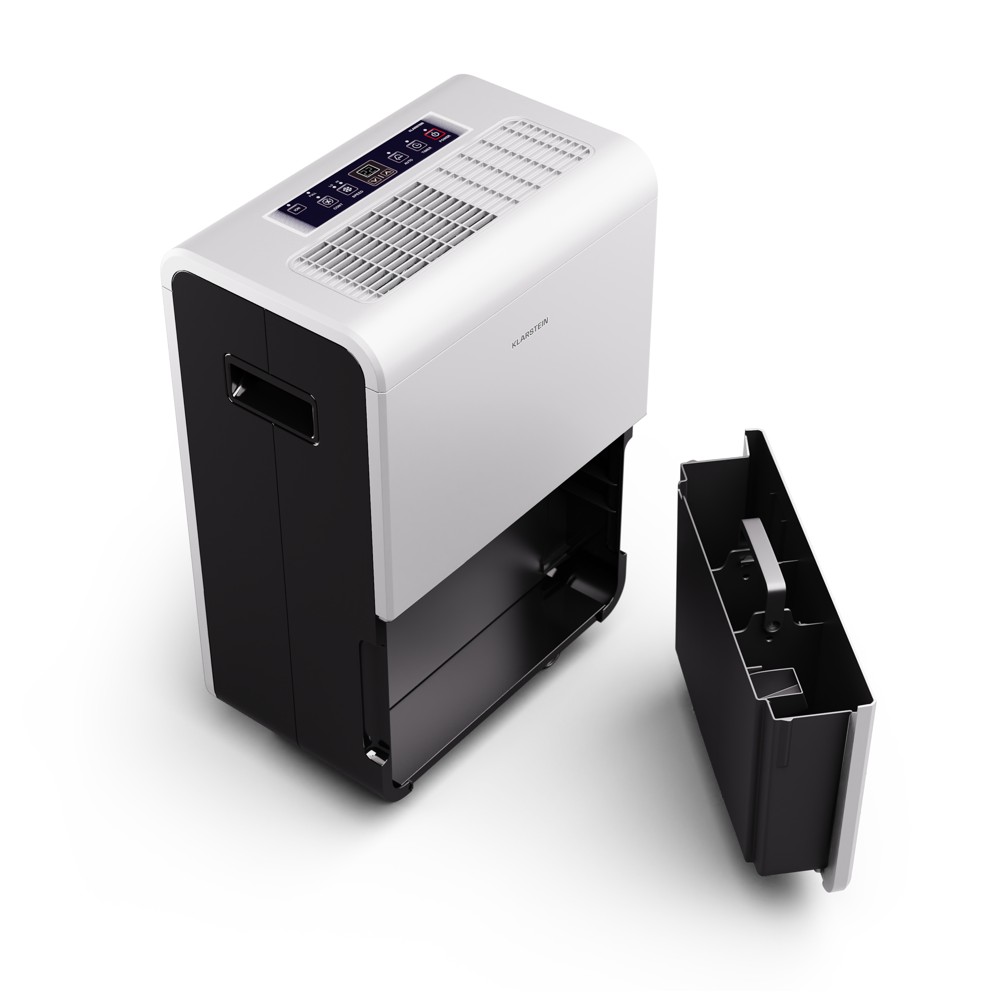 Deumidificatore bianco e nero, con il serbatoio dell'acqua rimosso. Il display è visibile.