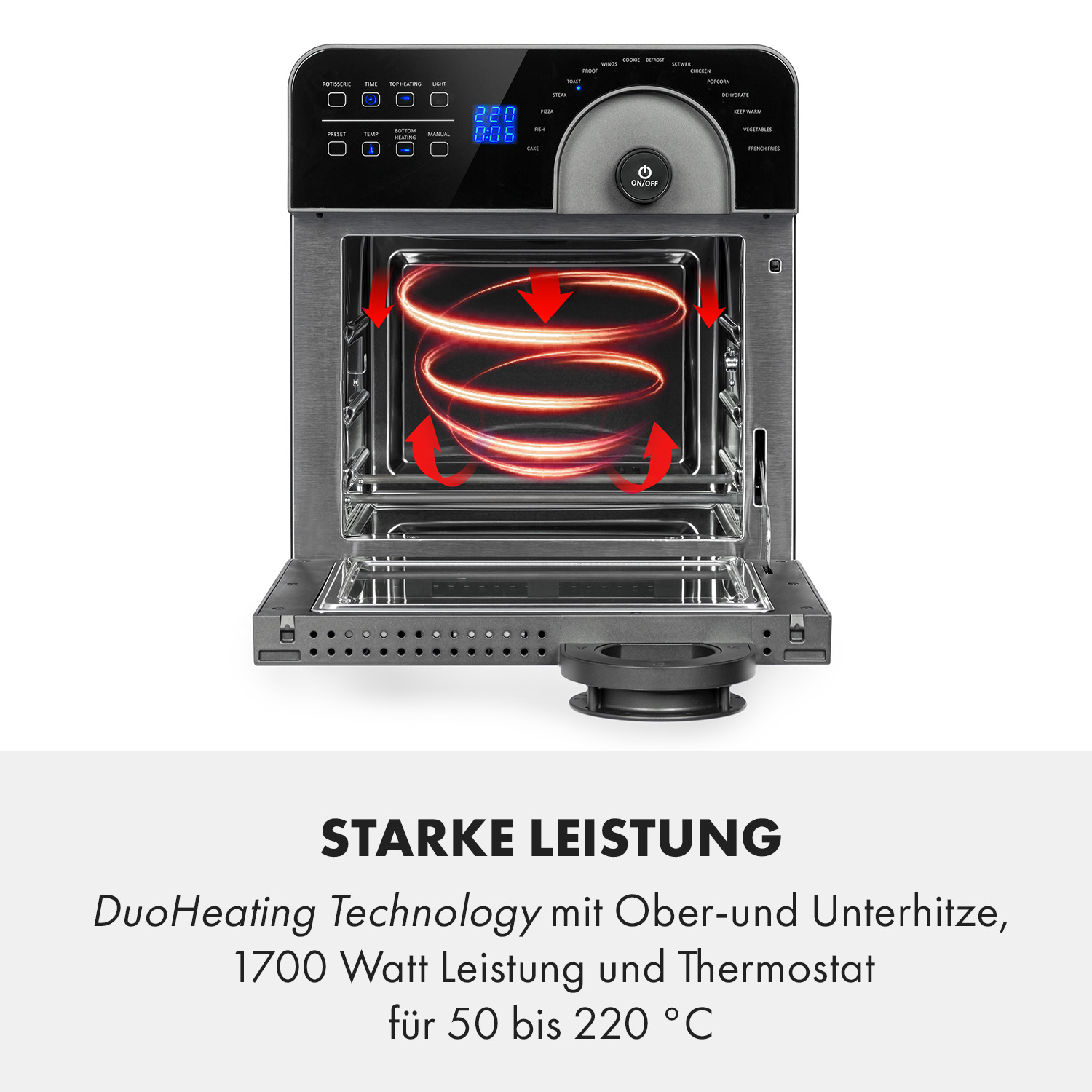 Ein offener Ofen mit Heizelementen. Text: 'Starke Leistung'. Isoliert auf Weiß.