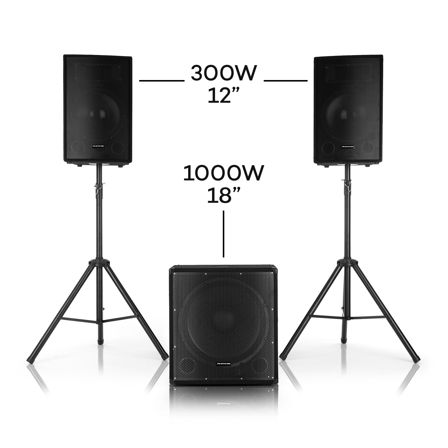 Schwarze Lautsprecher und Subwoofer auf Ständern mit Text-Overlay.