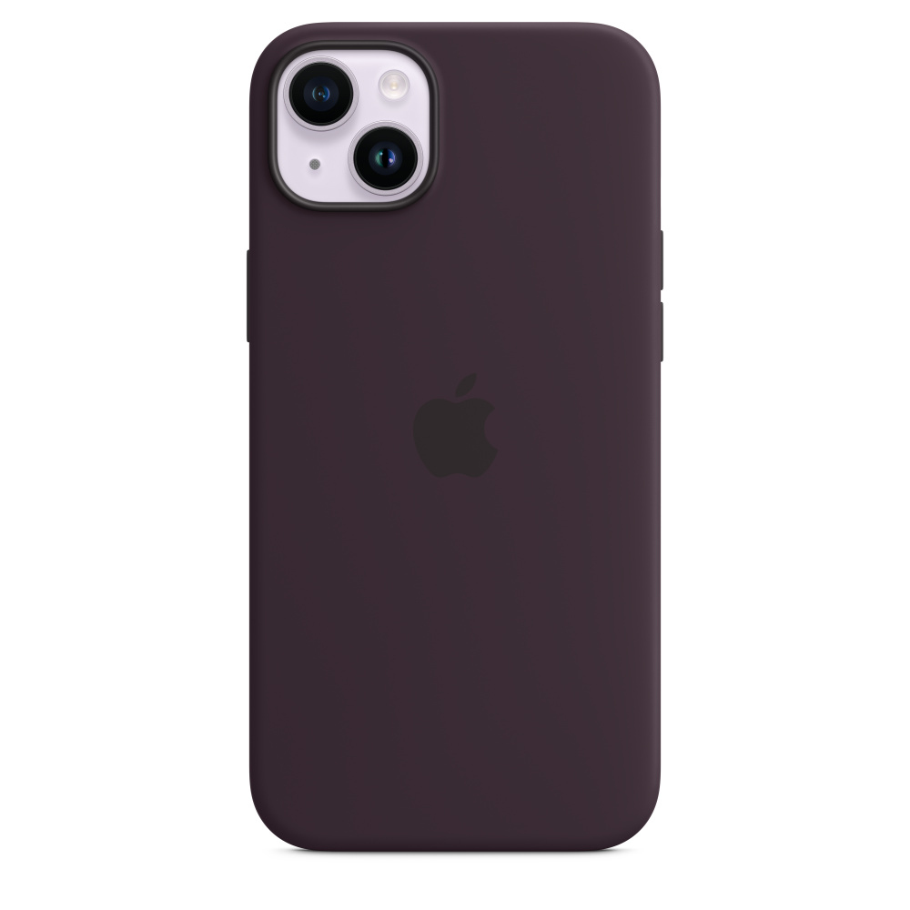 Achterkant van een iPhone 14 in paars. Het Apple-logo staat in het midden. Dubbele camera-opstelling.