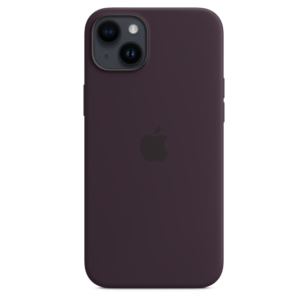Een paarse telefoonhoes met het Apple-logo en camera. Achteraanzicht.