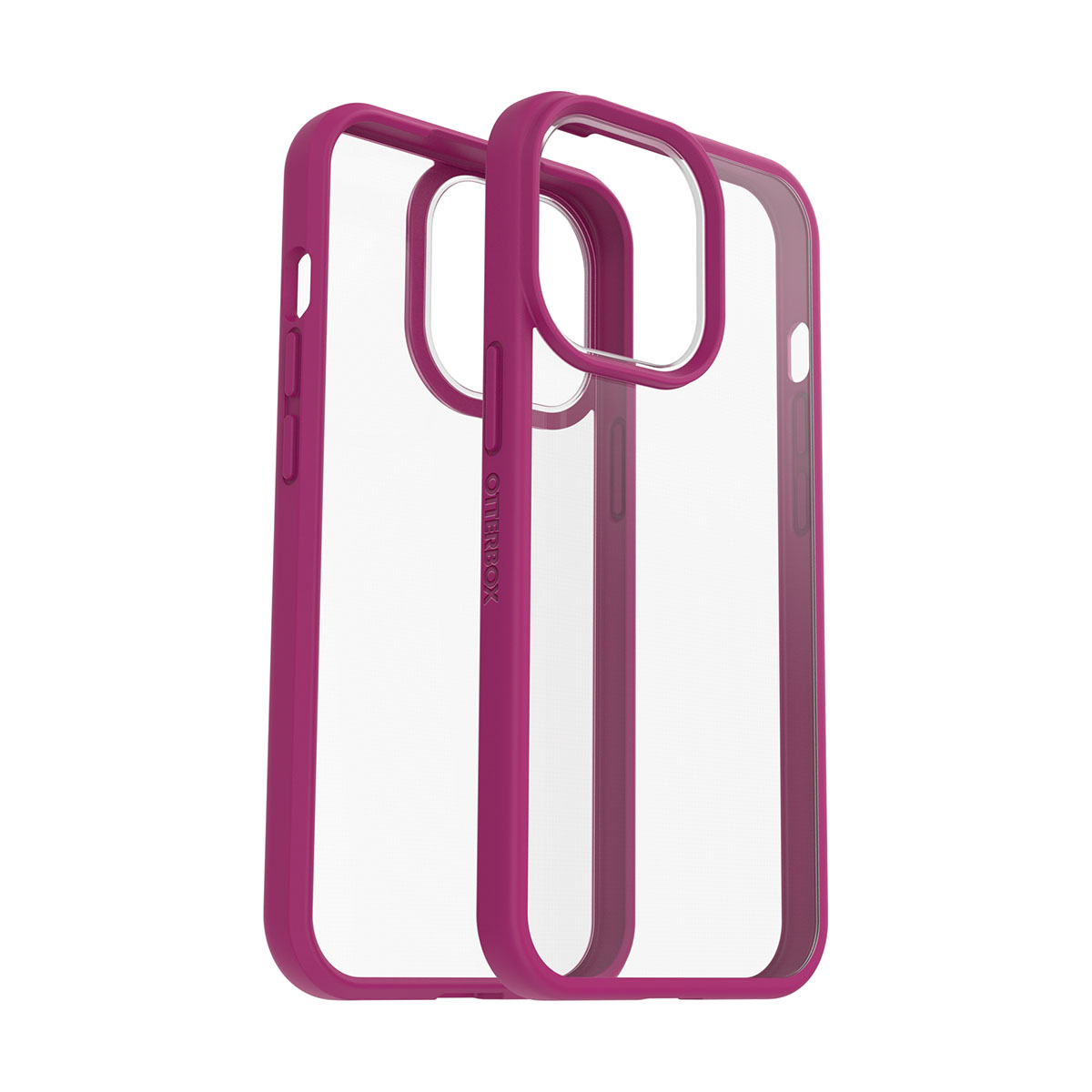 Due custodie trasparenti per telefono con bordi magenta, impilate. Logo Otterbox visibile.