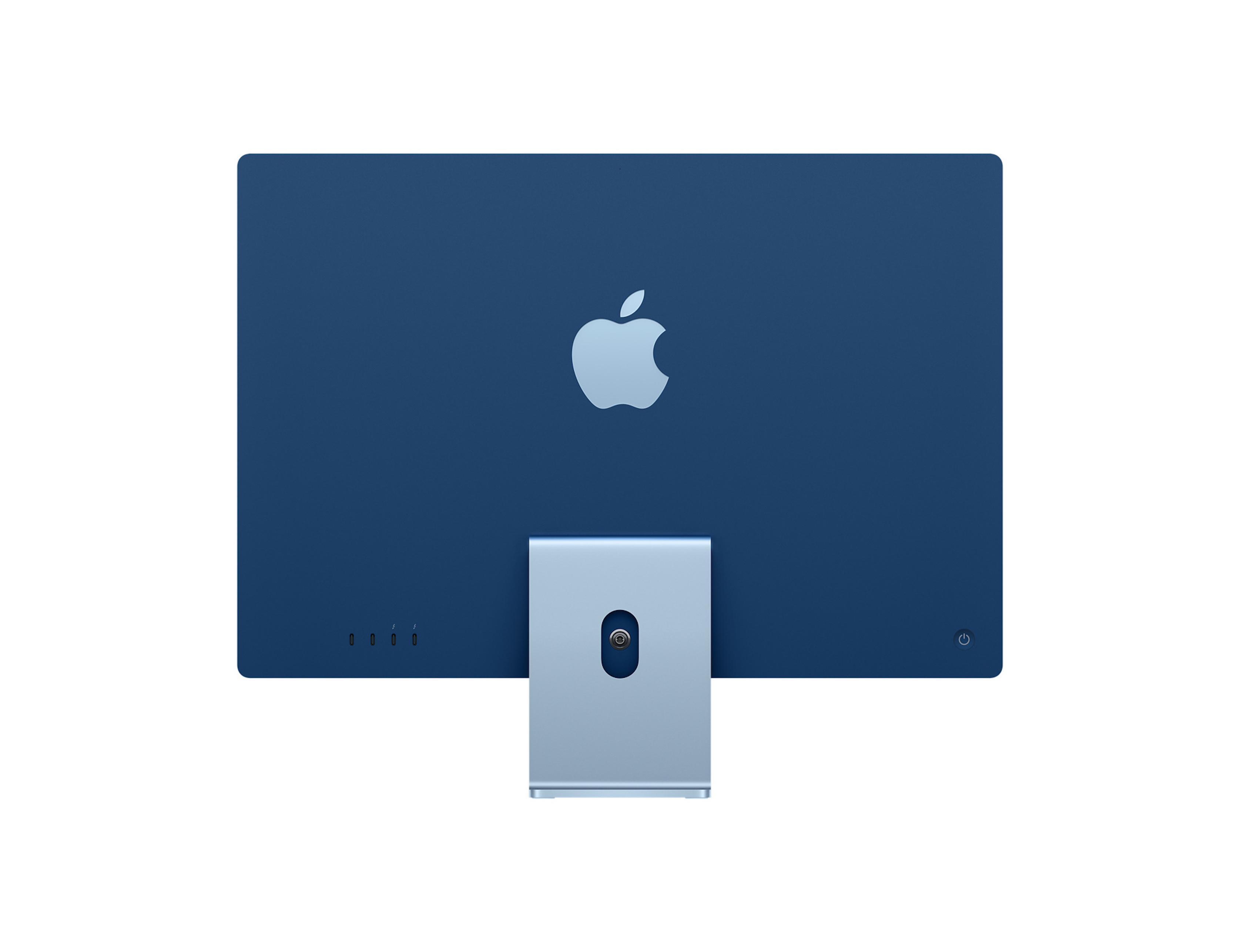 Niebieski tył iMac. Logo Apple pośrodku, podstawa na dole. Białe tło.