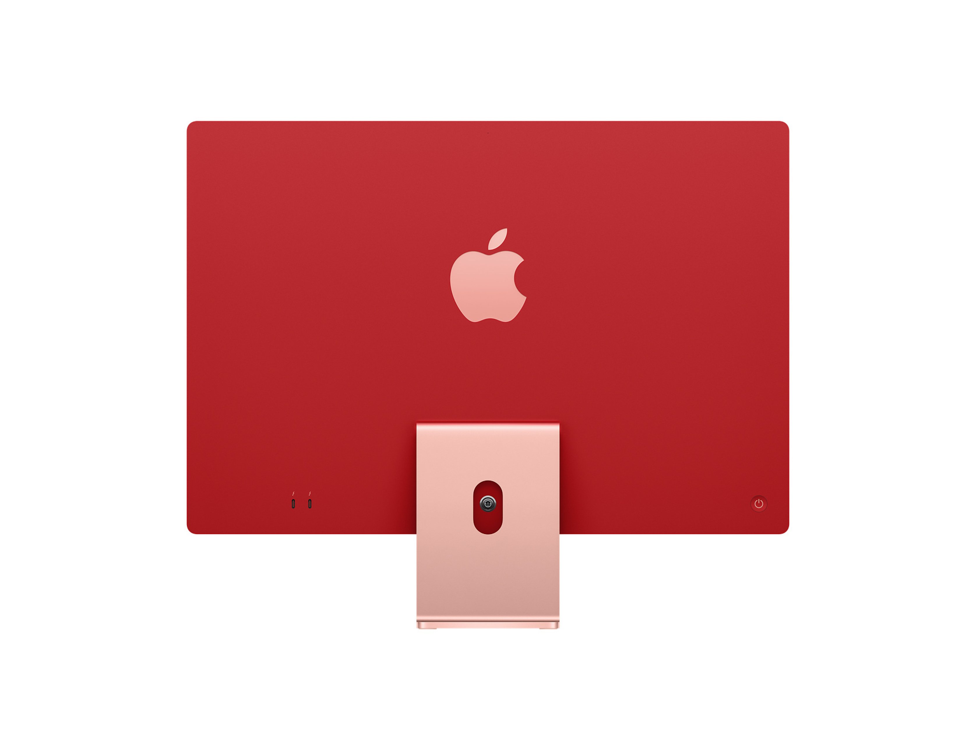 Tył czerwonego iMaca z logo Apple i srebrną podstawką.