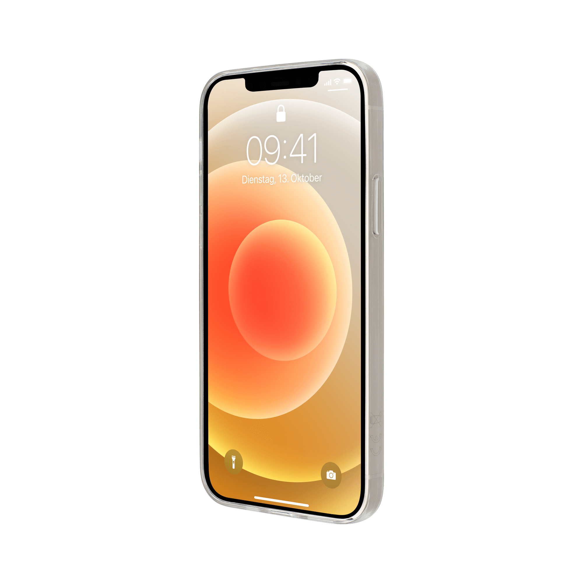iPhone in una custodia trasparente, che mostra lo schermo con un orologio e uno sfondo dorato.