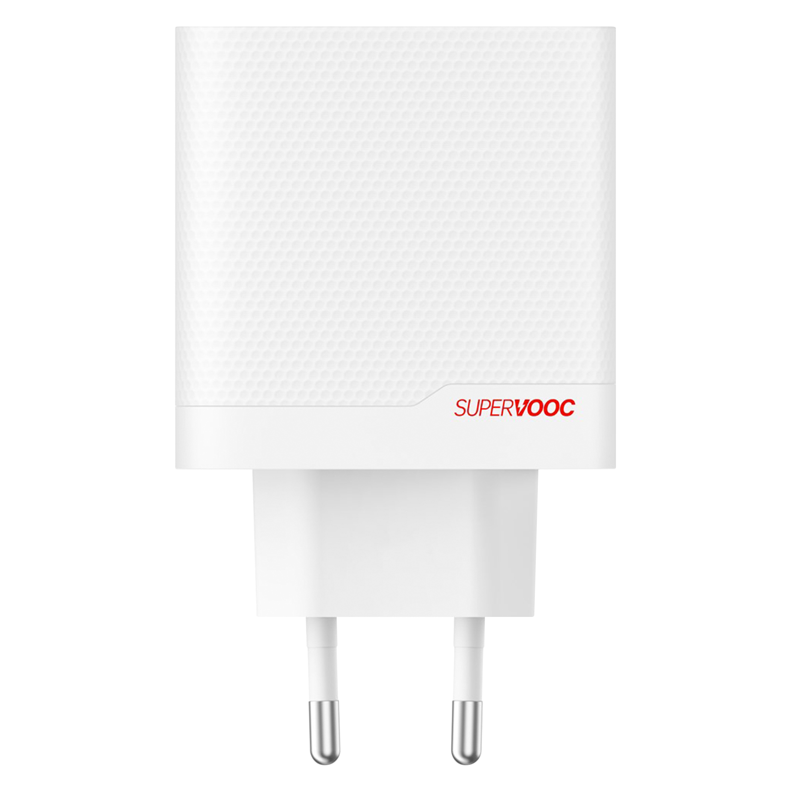 Biała ładowarka ścienna z dwoma bolcami i tekstem 'SUPERVOOC' w kolorze czerwonym.