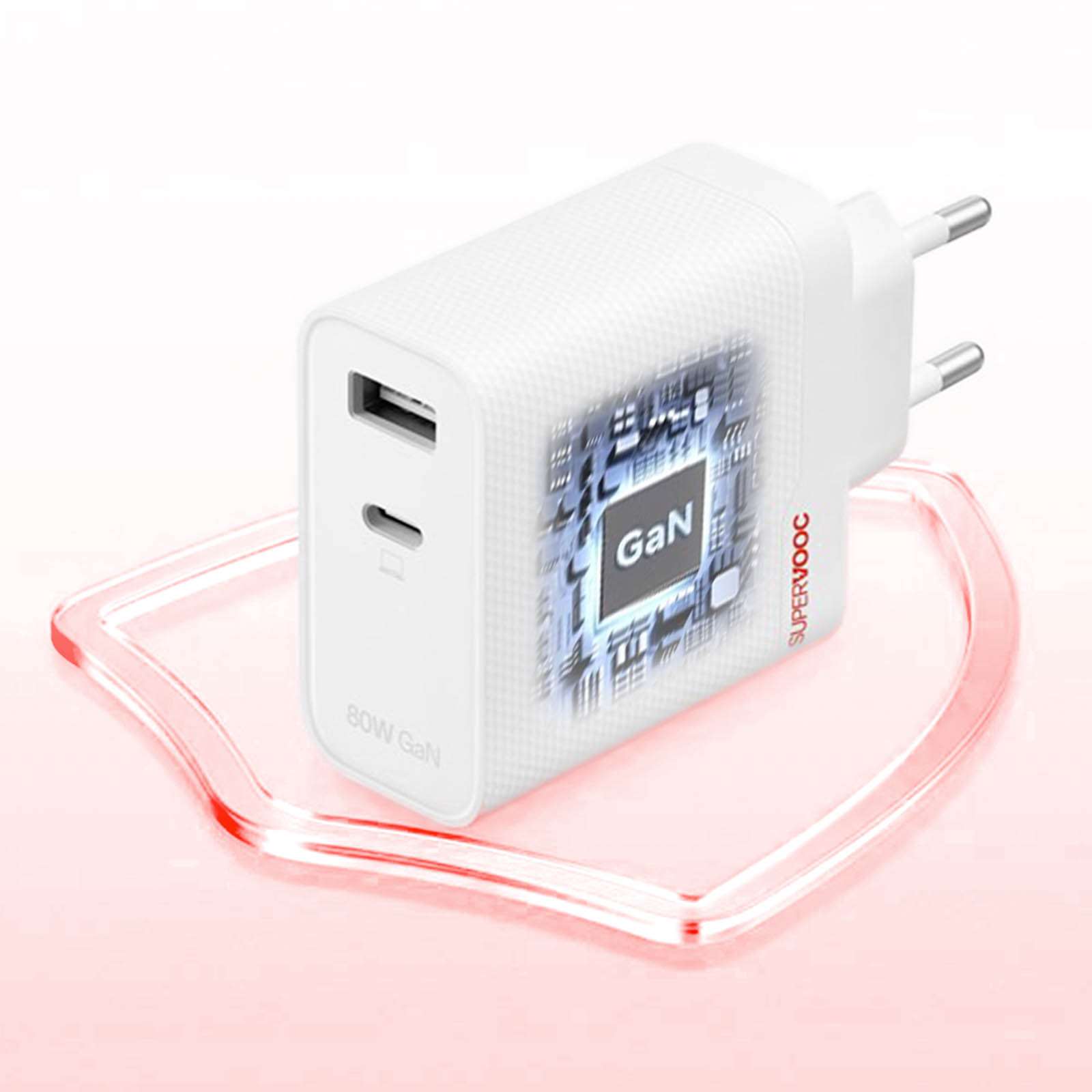Biała ładowarka GaN z portem USB i USB-C na czerwonej, przezroczystej powierzchni.