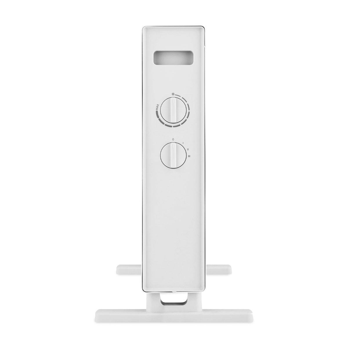 Biały grzejnik elektryczny z dwoma pokrętłami i prostokątnym otworem na górze.