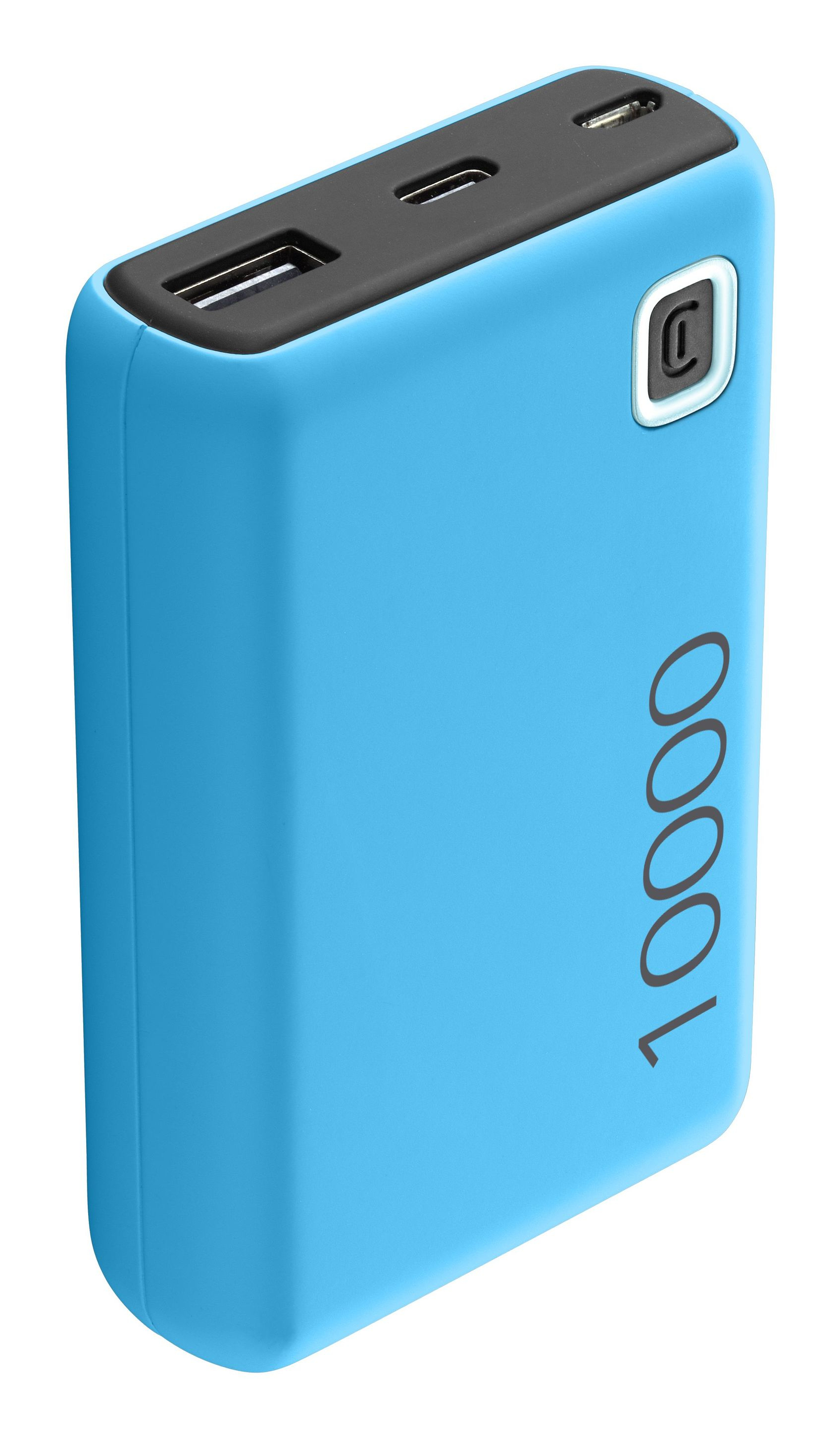 Power bank blu con porte USB e USB-C. Il testo '10000' è visibile sul lato.