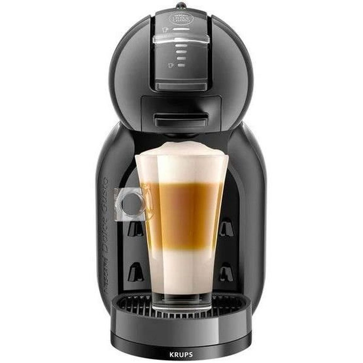 Czarny ekspres do kawy ze szklanką warstwowej kawy. Maszyna ma markę 'Krups'.