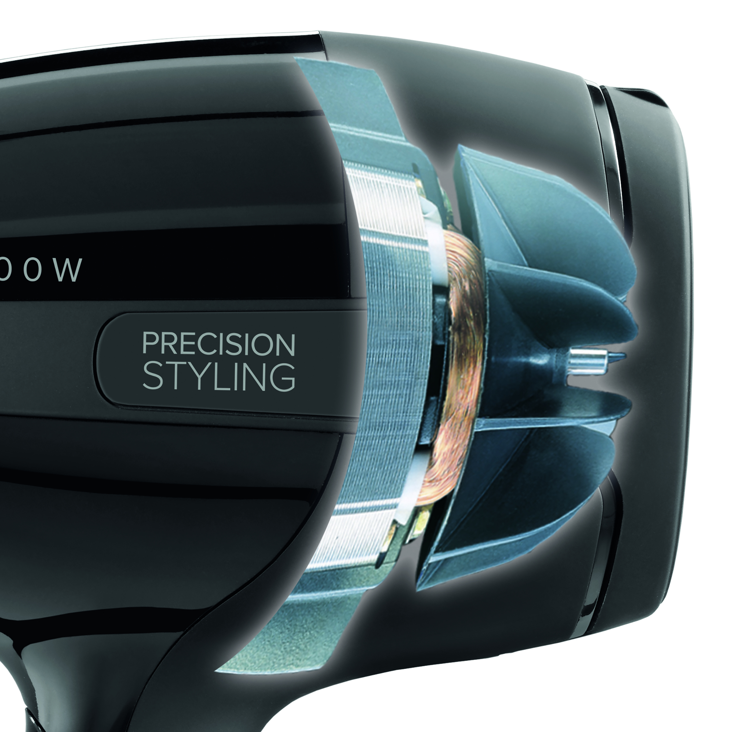 Czarna suszarka do włosów z widokiem na wentylator wewnętrzny, silnik i elementy grzejne.