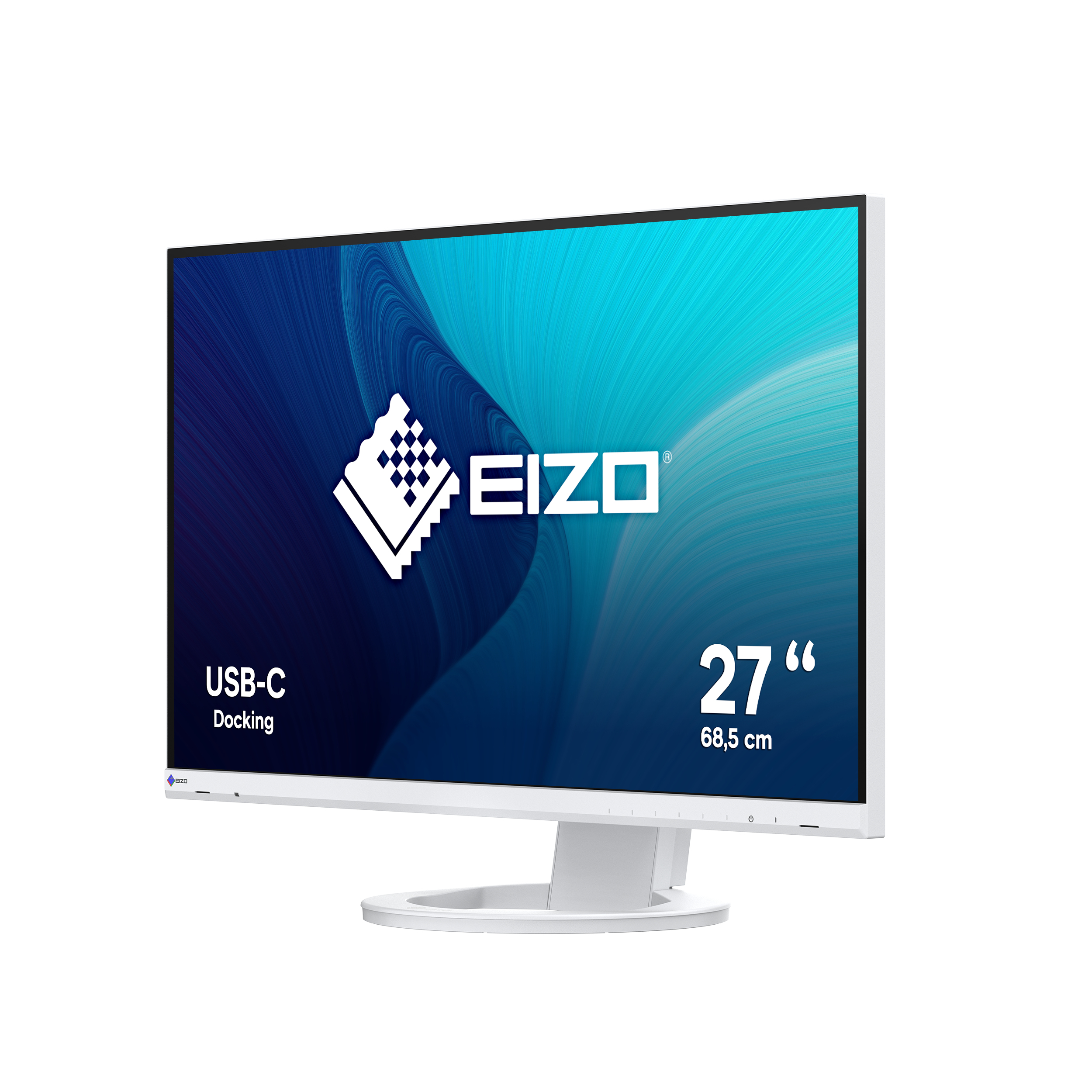White computer monitor with the brand name 'EIZO'. The screen displays a design.