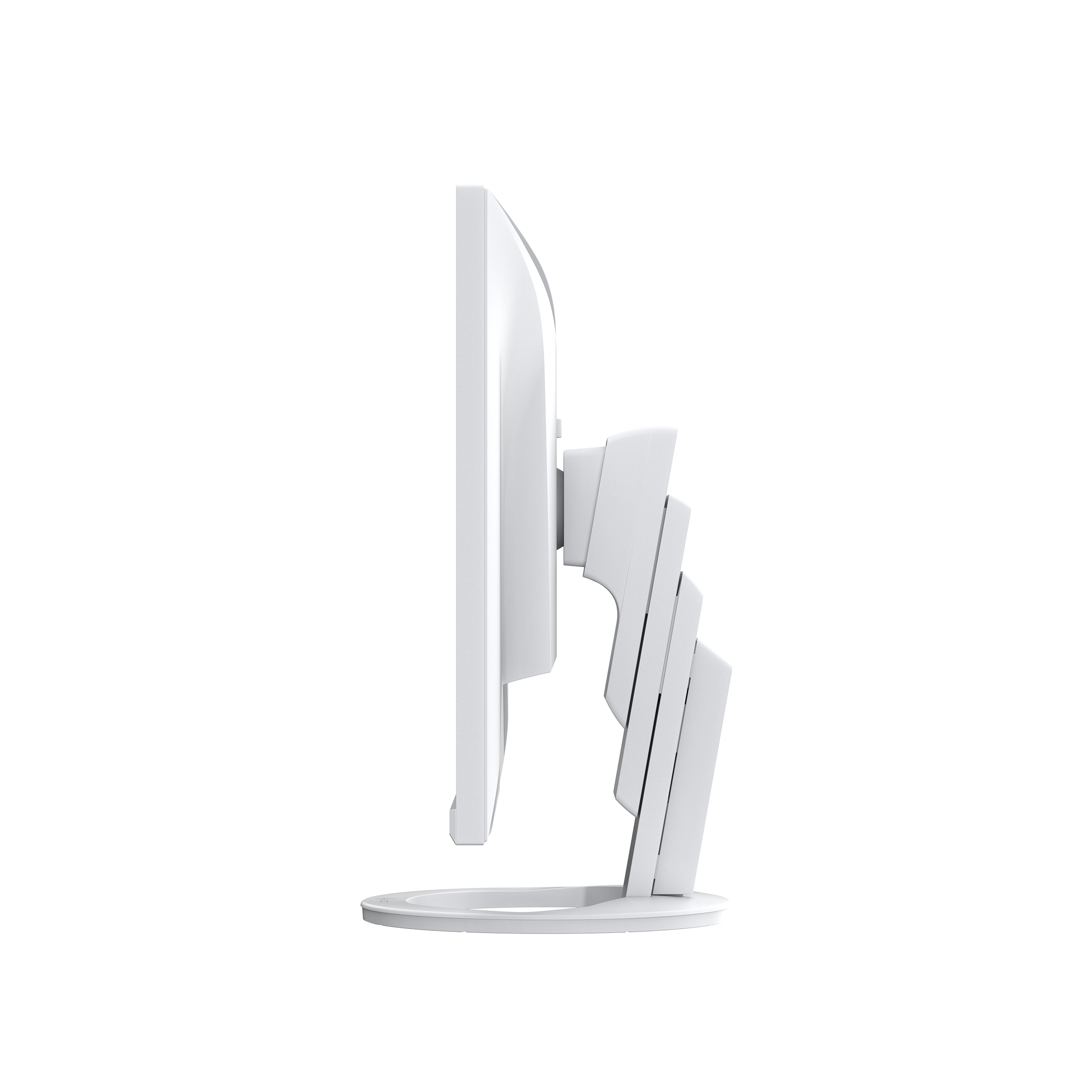 A white computer monitor, side view. The stand has a unique design with multiple angled supports.
