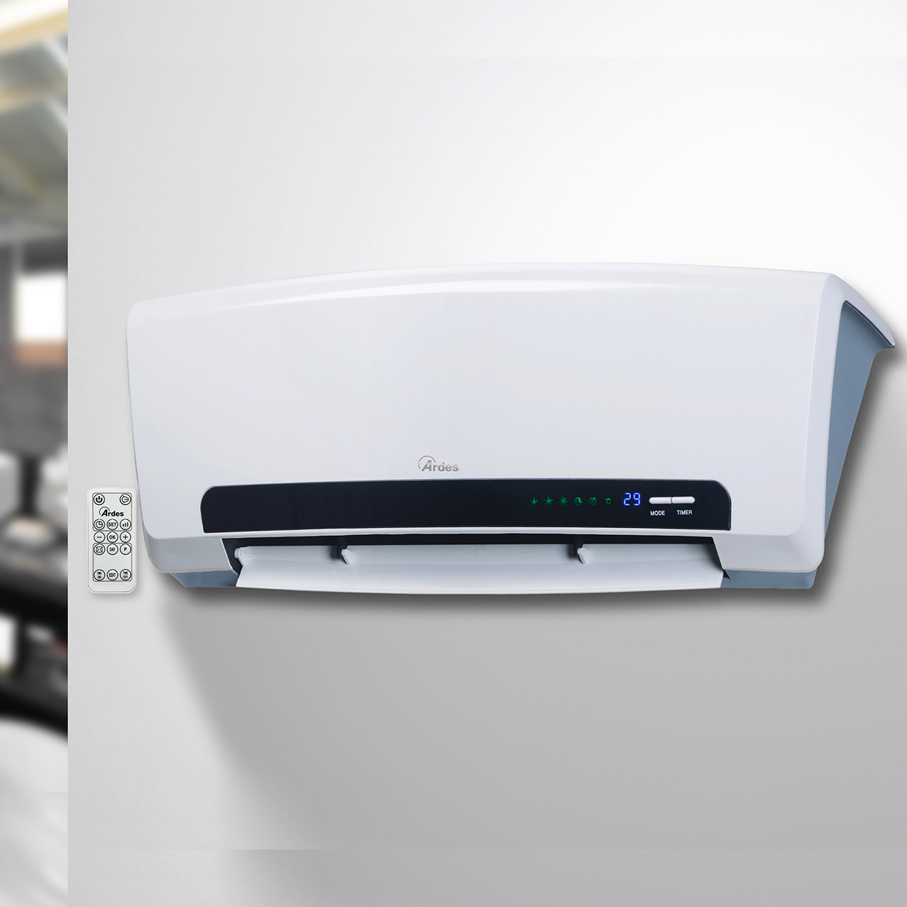 Biały grzejnik ścienny Ardes z pilotem.