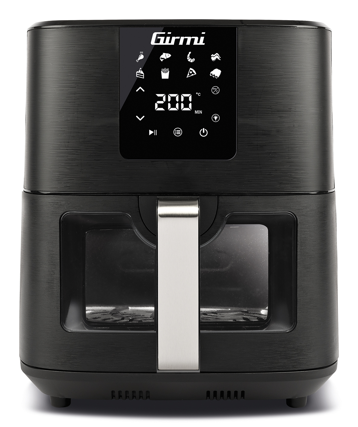 Czarna frytkownica Girmi z wyświetlaczem cyfrowym. Otwarta przednia klapa, widać wnętrze.