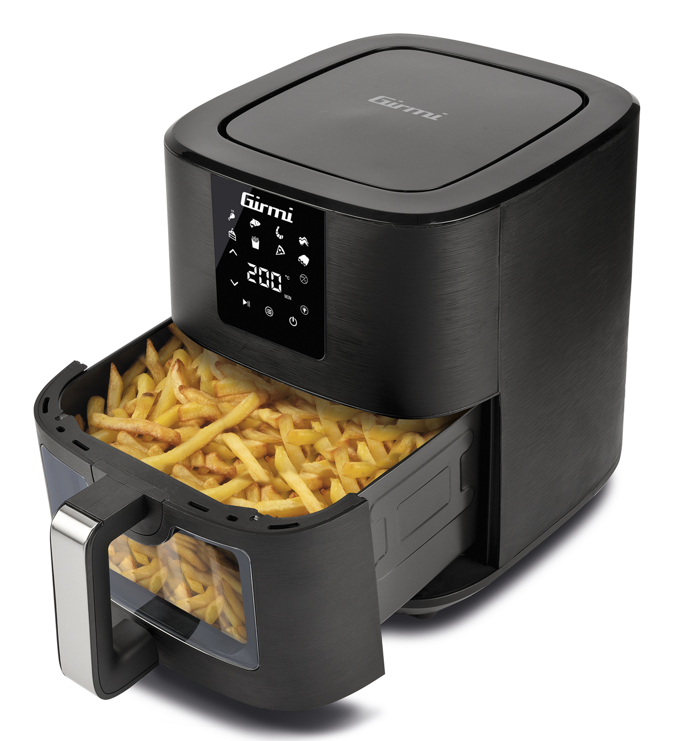 Czarna frytownica powietrzna z szufladą pełną frytek na białym tle.