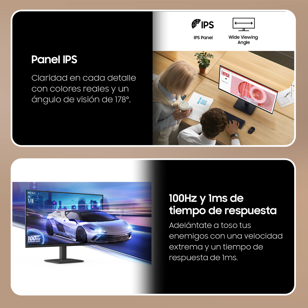 Dwa obrazy pokazujące monitor komputera z tekstem o panelu IPS i inny o reakcji 100 Hz.