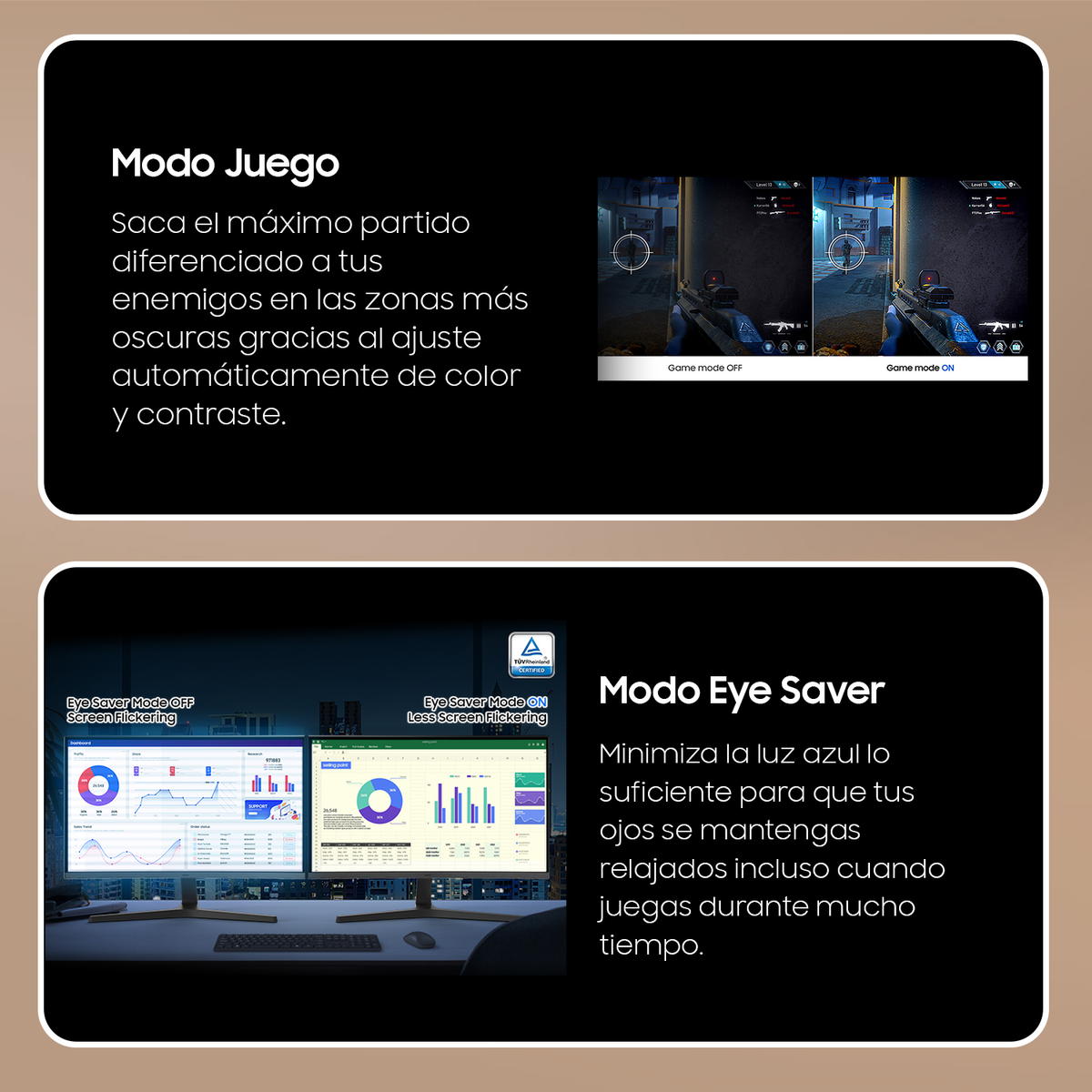 Dwa obrazy pokazujące monitor komputera z tekstem o trybie gry i trybie oszczędzania oczu.