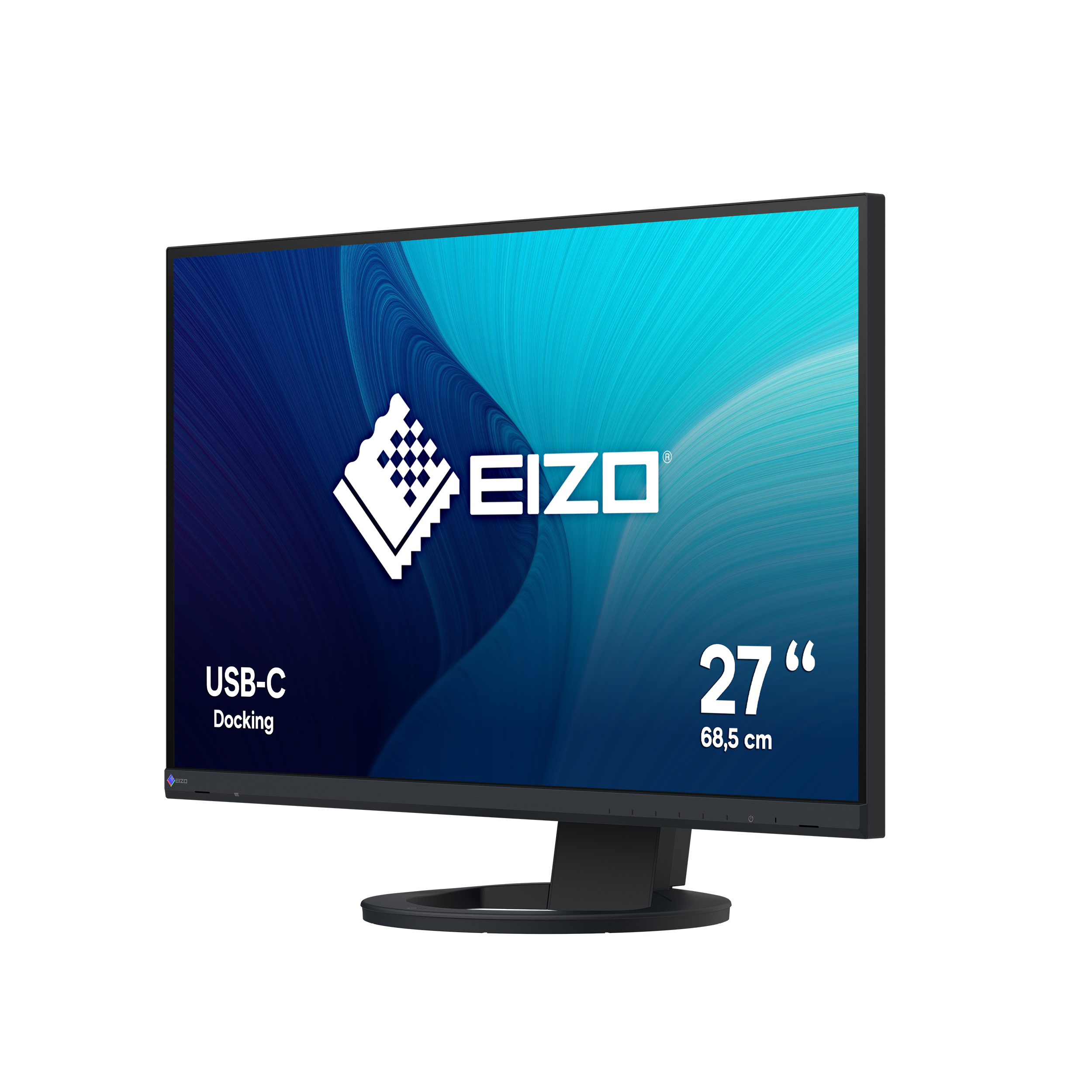 27-calowy monitor EIZO. Jest czarny, z dokowaniem USB-C i podstawką. Tło jest białe.