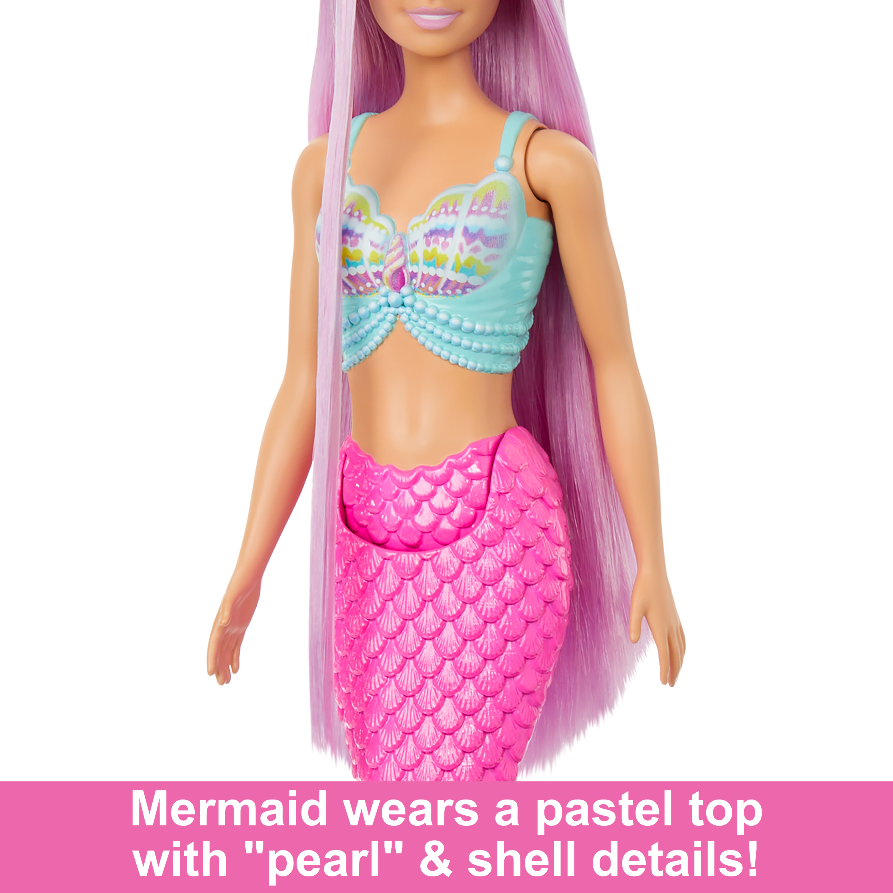 Muñeca sirena Barbie viste top pastel con detalles de conchas y perlas y falda rosa. Pelo morado.