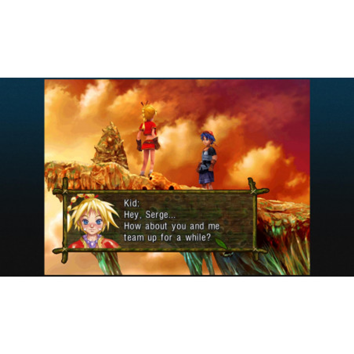 Uno screenshot di un gioco con due personaggi e una finestra di dialogo. Il cielo è arancione.