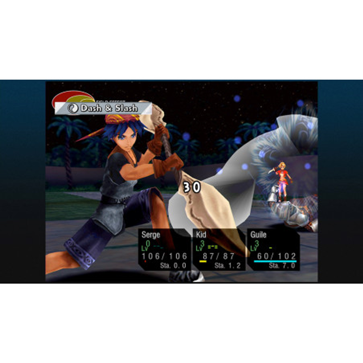 Una scena di un videogioco. Un personaggio con una spada attacca un grande mostro bianco. Altri personaggi sono visibili.