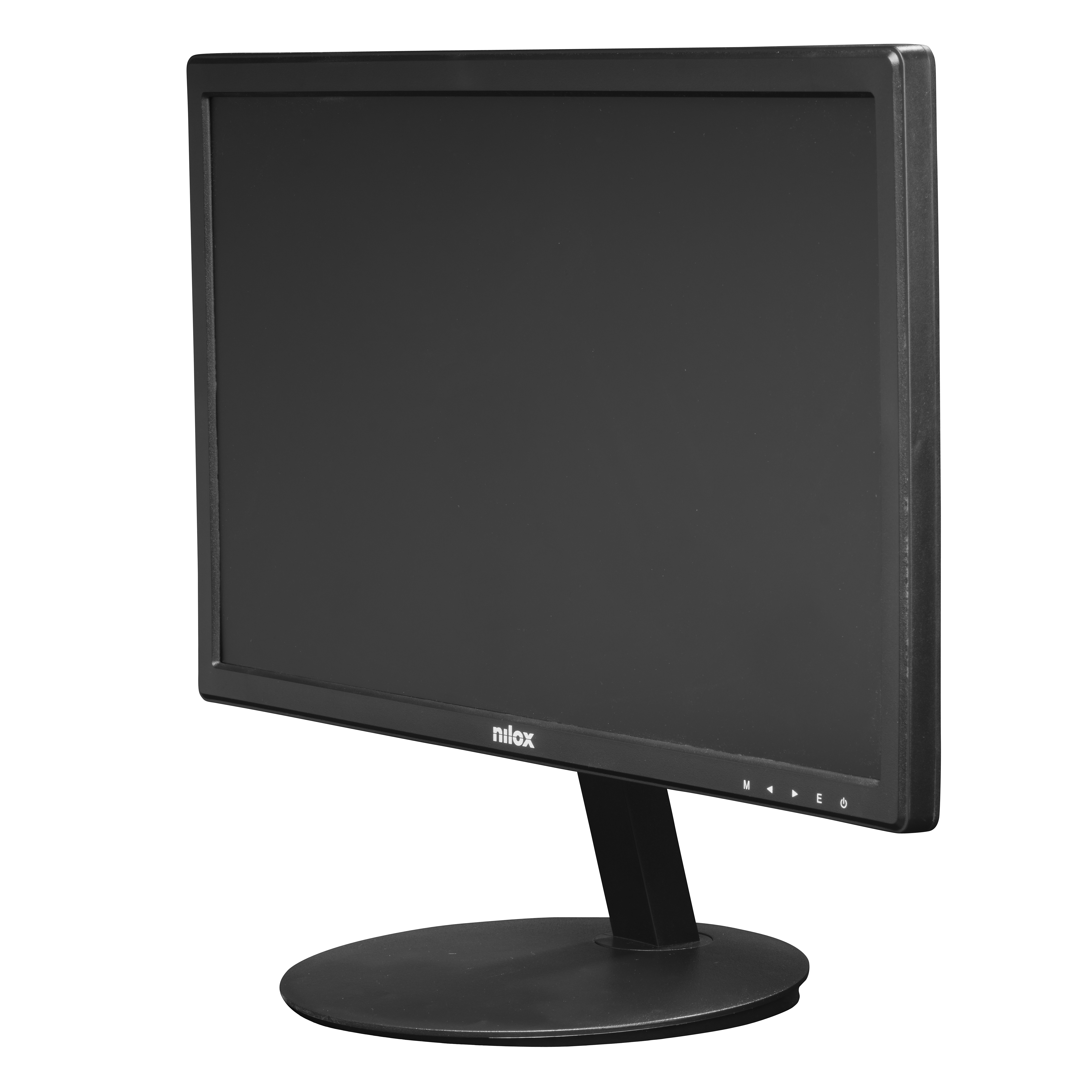 Un monitor de computadora negro, con un soporte y base negros. La pantalla está en blanco y oscura.