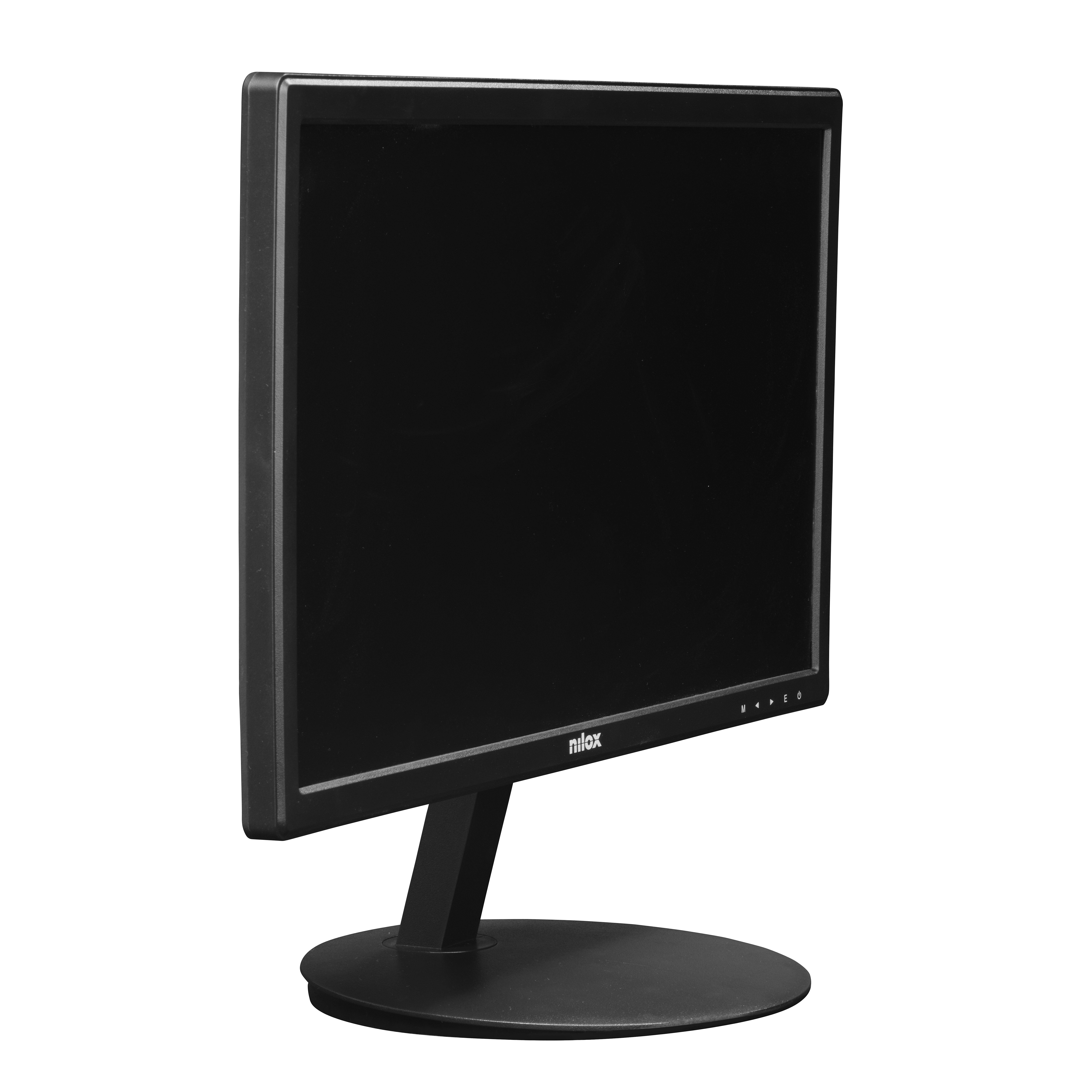 Un monitor de computadora negro con un soporte y base negros. La pantalla está en blanco y oscura.