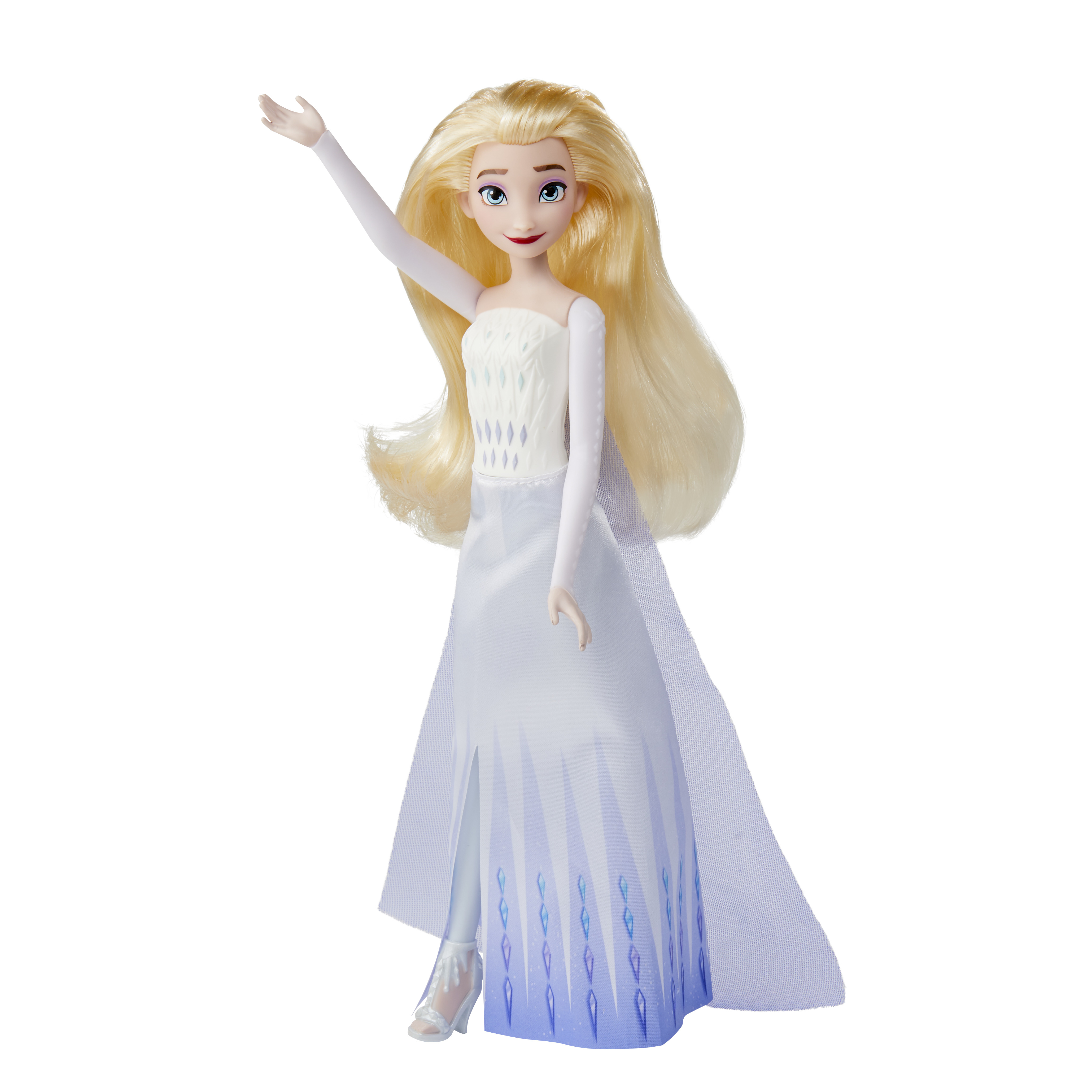 Elsa-Puppe aus Frozen mit blonden Haaren, trägt ein blau-weißes Kleid und einen weißen Umhang.