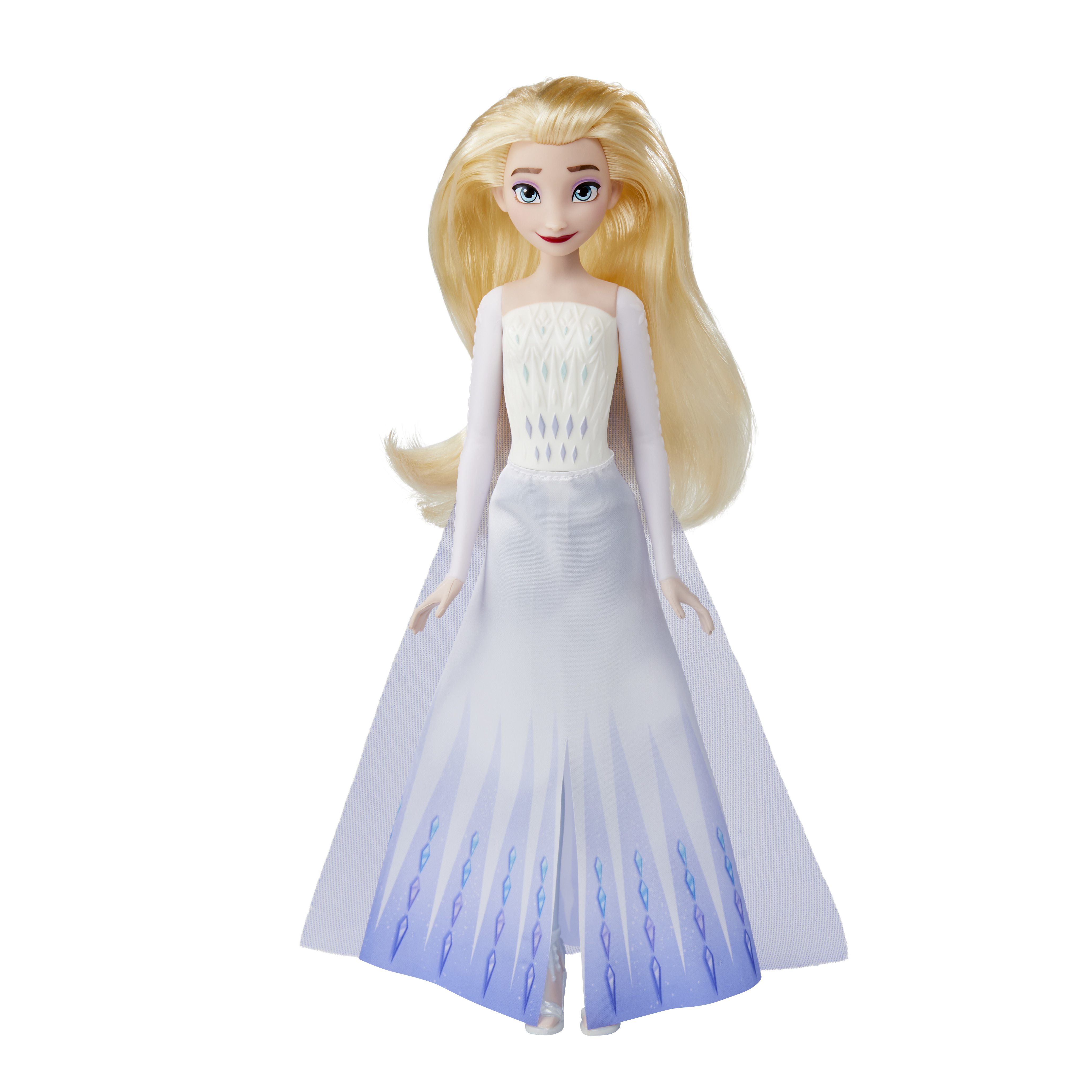 Blonde Elsa-Puppe in einem weiß-blauen Kleid. Sie hat lange Haare und trägt eine Krone.