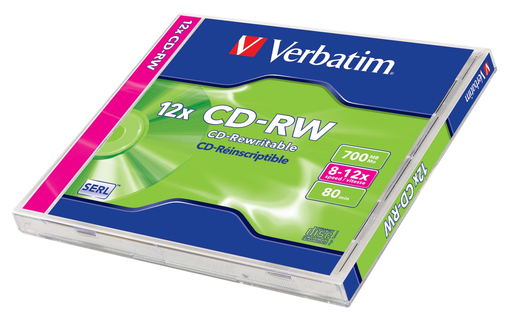 Eine Verbatim 12x CD-RW Disc-Verpackung auf einer weißen Oberfläche. Die Verpackung ist blau, grün und pink.