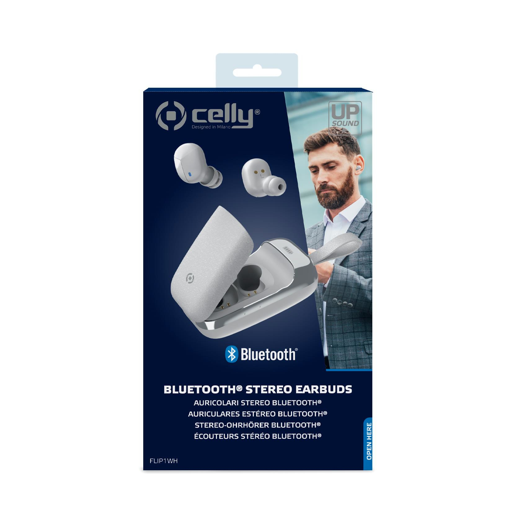 Una scatola di auricolari wireless con un uomo sulla copertina. Gli auricolari sono bianchi.