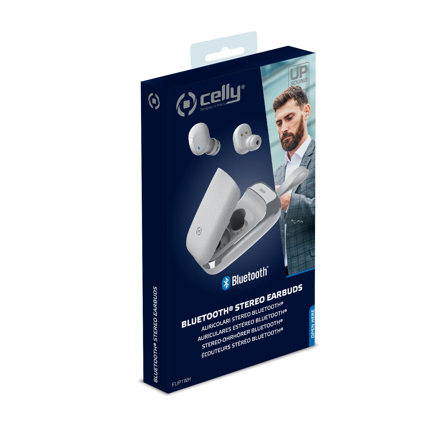 Una scatola di auricolari wireless con un uomo sulla copertina, in bianco, con Bluetooth.