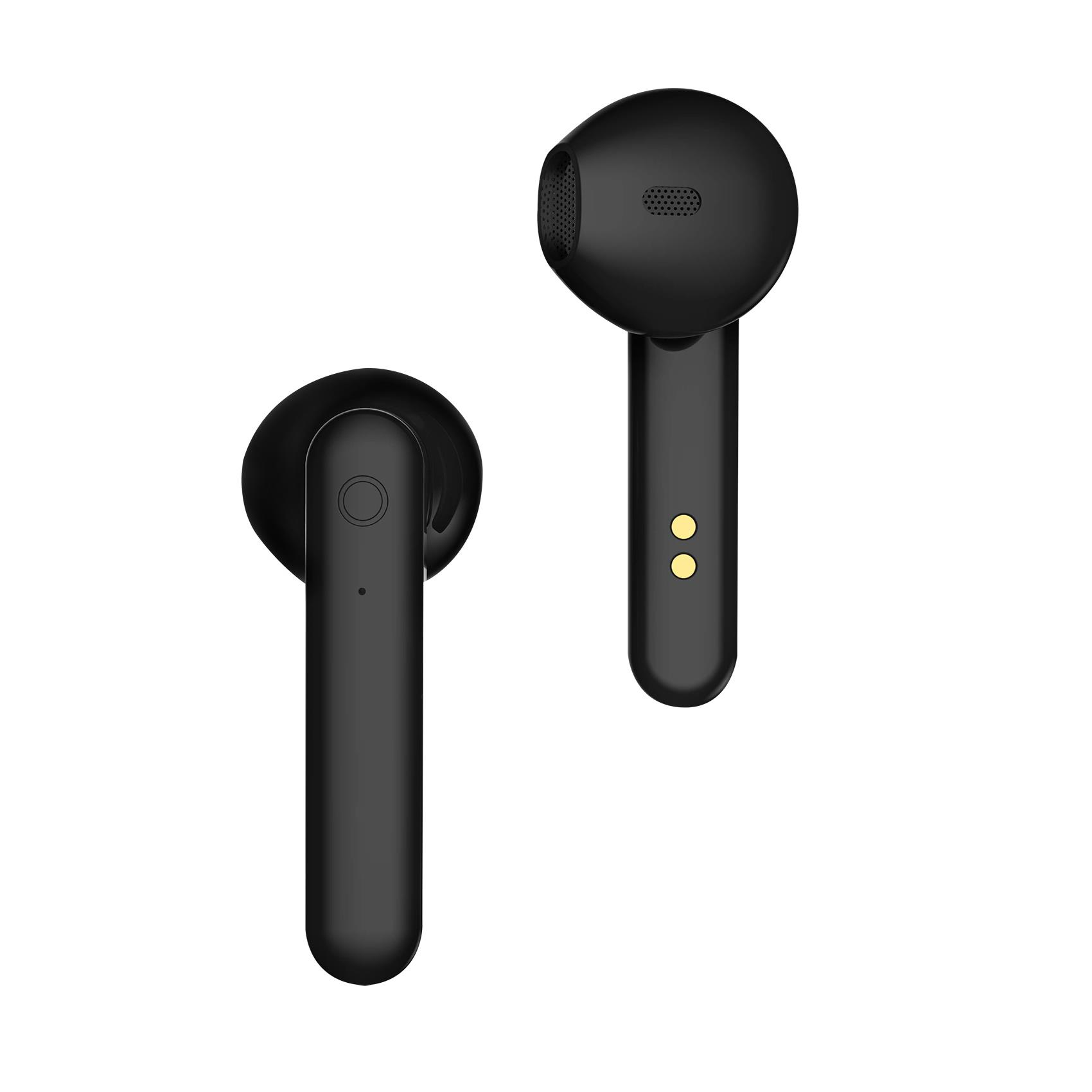 Auricolari wireless neri, due, con contatti di ricarica visibili.