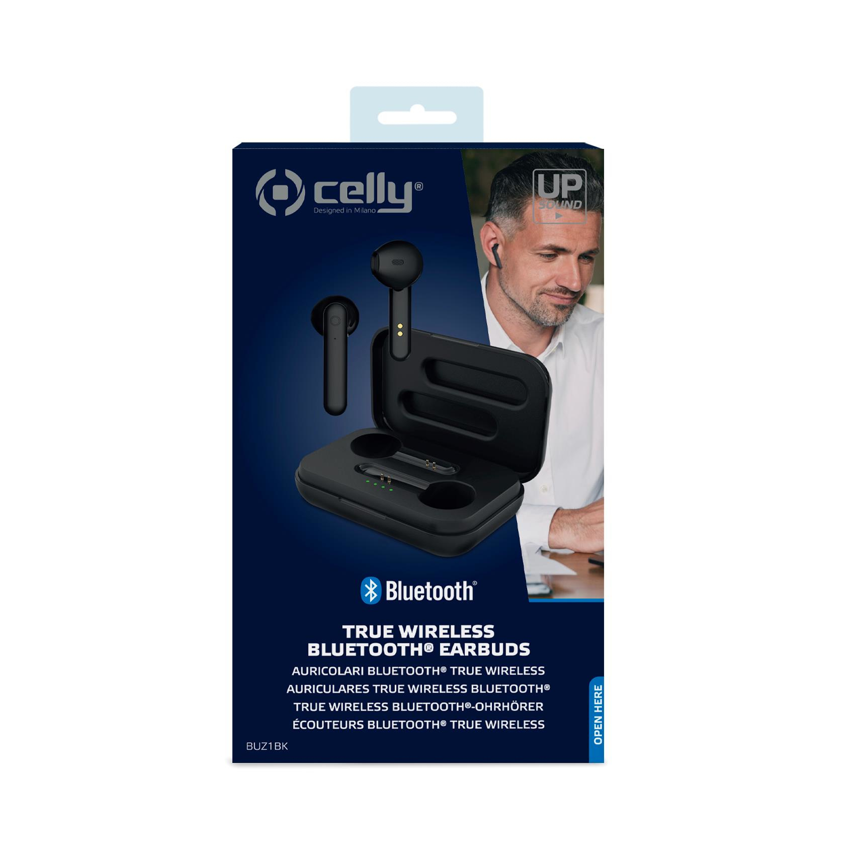 Scatola di auricolari Bluetooth wireless neri e blu. Un uomo indossa gli auricolari. La scatola dice "True Wireless Bluetooth Earbuds".