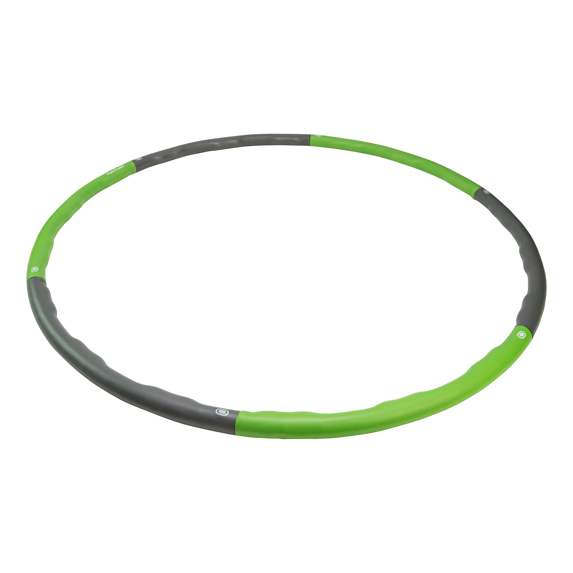 Un cerceau hula hoop vert et gris. Il est circulaire et posé sur une surface blanche.