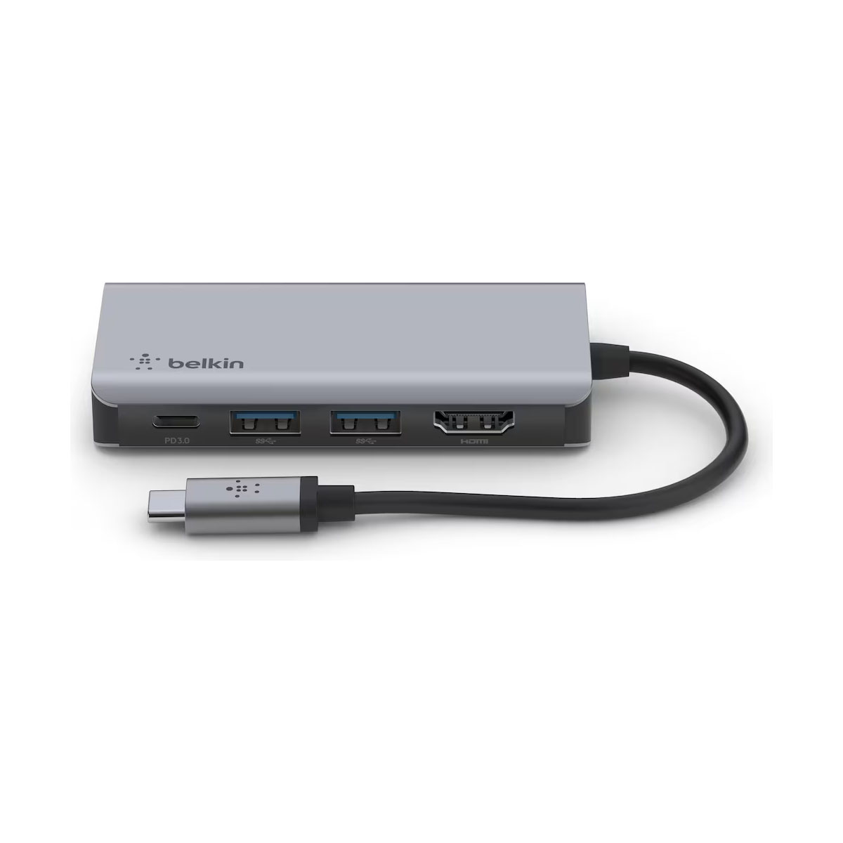 Ein silberner Belkin USB-C-Hub mit mehreren Anschlüssen und einem schwarzen Kabel.