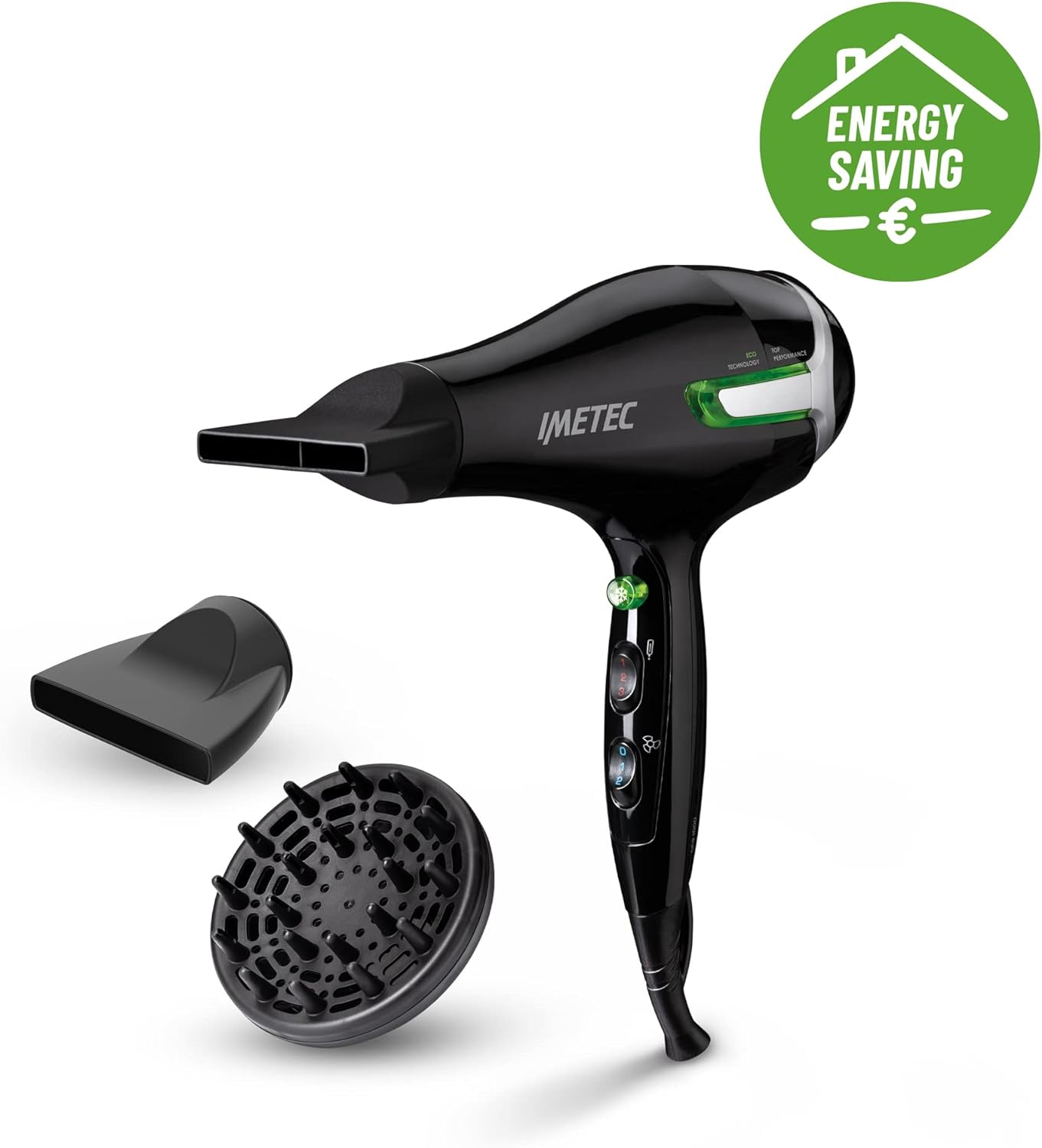 Czarna suszarka do włosów z nasadkami i ikoną oszczędzania energii, na białym tle.
